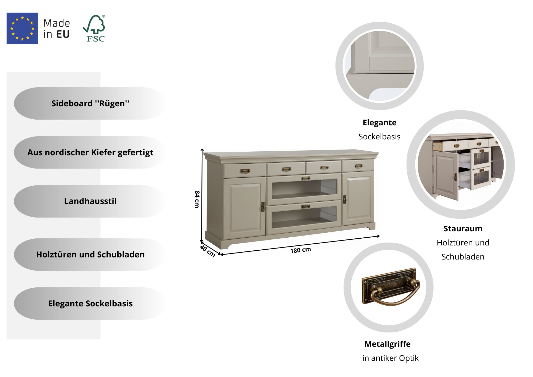 OTTO home Sideboard »Rügen« Kommode aus massiver Kiefer, FSC®, Breite 145 oder 180 cm