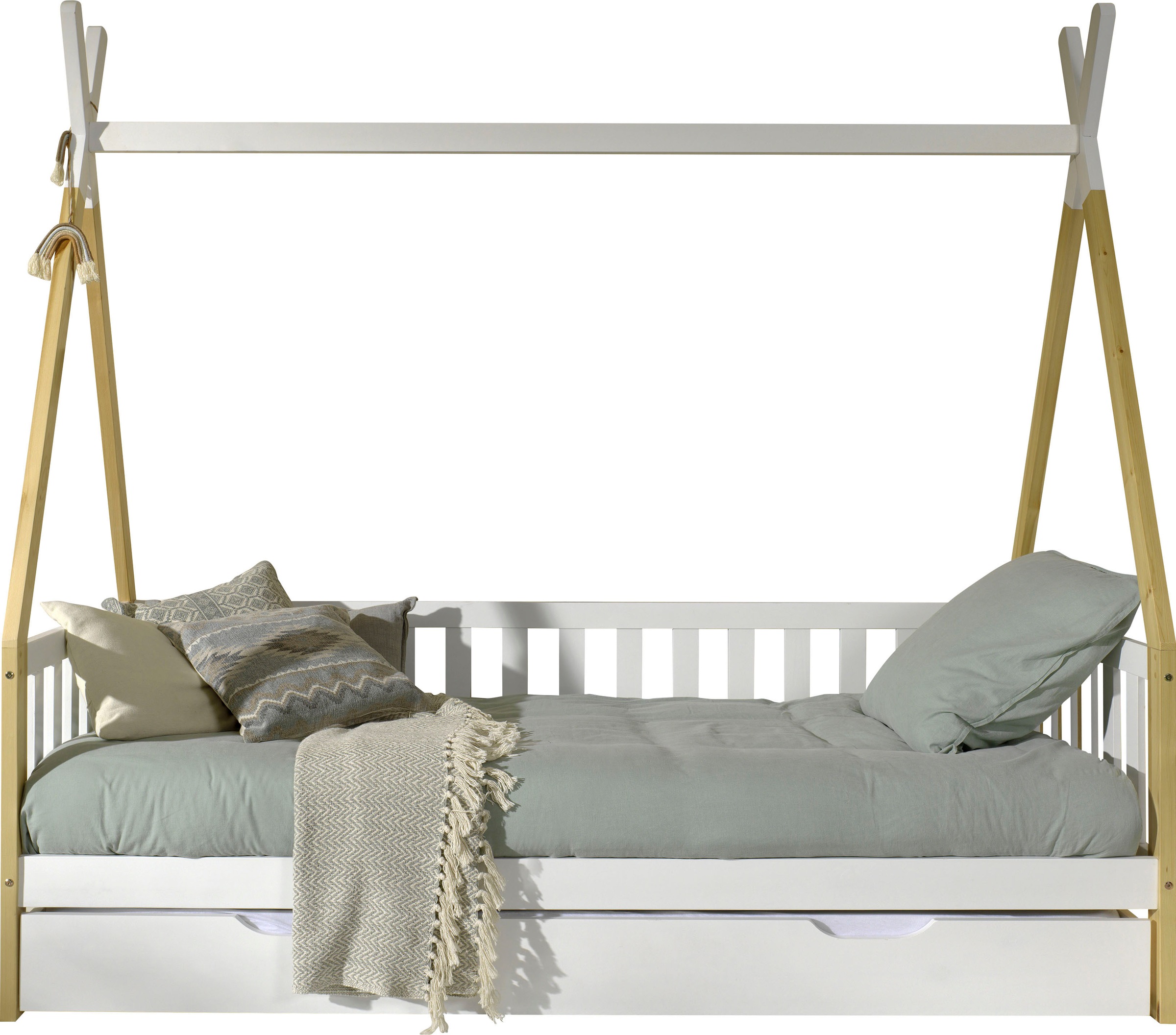 Vipack Kinderbett »Tipi, mit Querstange in Zelt-Optik, Kiefer massiv«, (B/H/T ca. 206x185,1x96cm, seitliche Sprossenumrandung), inklusive Rolllattenrost und wahlweise mit Bettschublade