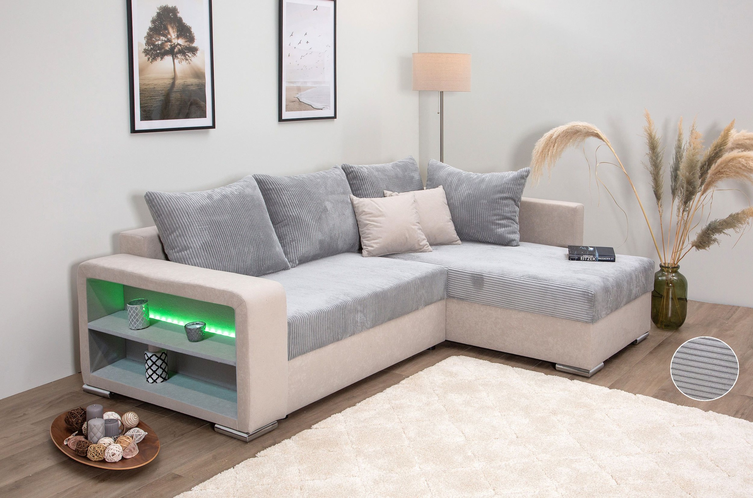 COLLECTION AB Ecksofa "L-Form", Regalarmlehne mit LED RGB Beleuchtung,Bettf günstig online kaufen