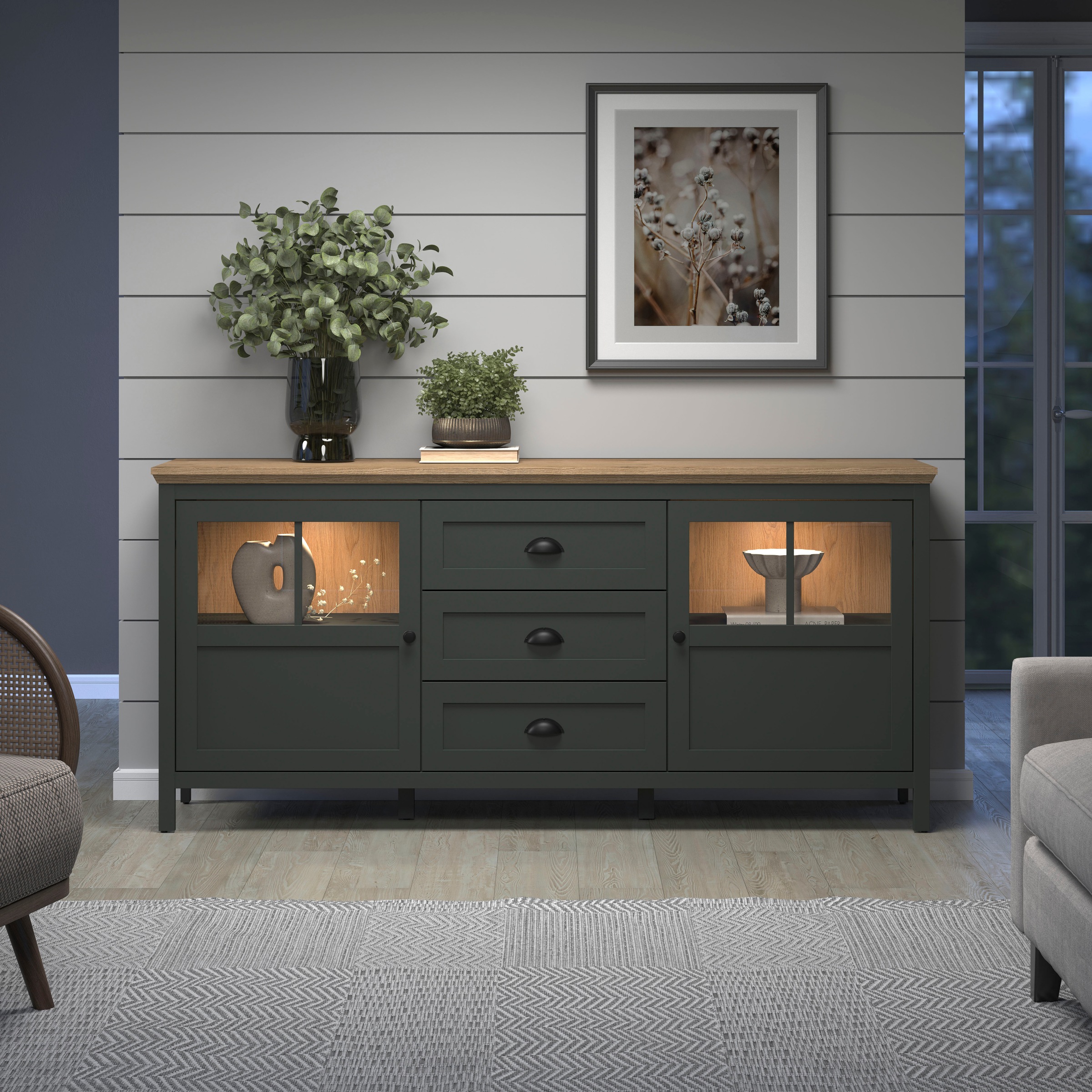 Home affaire Sideboard »Vienna«, (1 St.), Kommode im Landhausstil - Beleuchtung, Glastüren - B/T/H 185/45/86 cm