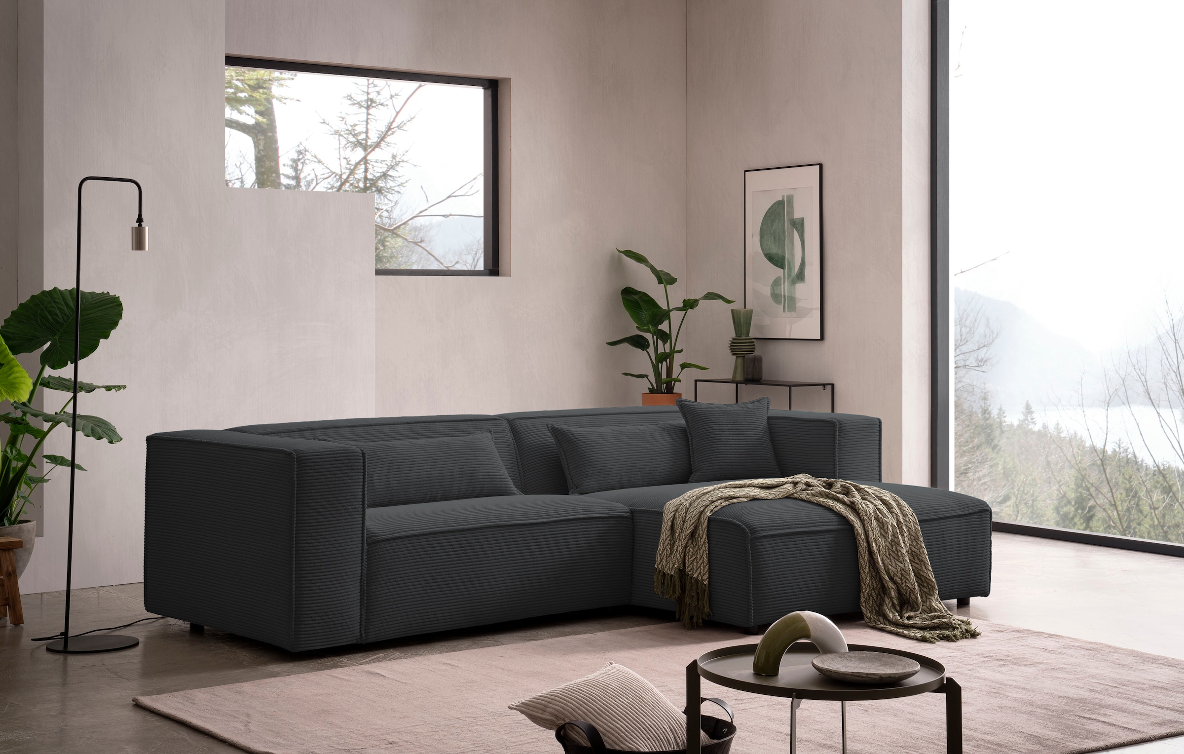 LeGer Home by Lena Gercke Ecksofa »PIARA mit Kedernaht, Cord, Leinenoptik o. Strukturstoff, Couch, L-Form« wahlweise Ottomane rechts/links, schwarze Füße, bequemer Sitzkomfort