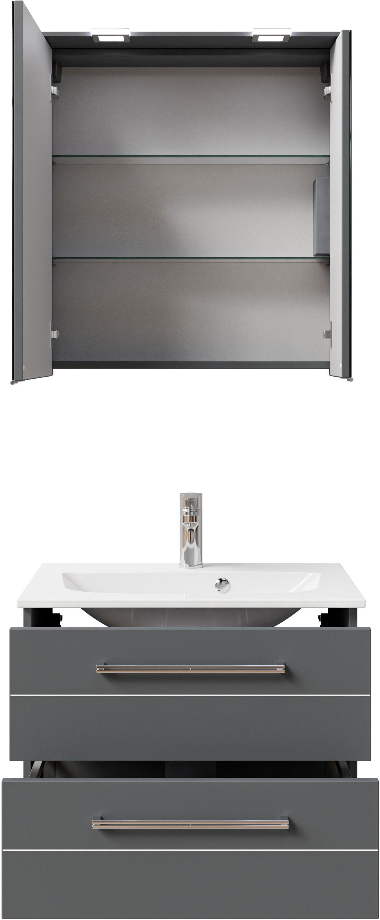 Saphir Badmöbel-Set »Serie 6025 2-teilig Mineralmarmor-Waschtisch mit LED-Spiegelschrank«, (2 St.), Waschplatz 67 cm breit, 2 Schubladen, 2 Spiegel-Türen, inkl Türdämpfer