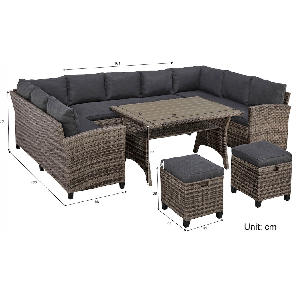 KONIFERA Gartenlounge-Set »Rotterdam«, (Set, 20 tlg., 3x 3er Sofa, 2x Hocker, 1x Tisch 120x82x67cm, inkl. Auflagen), Polyrattan, Stahl, Tischplatte aus Nonwood, geeignet für 11 Personen