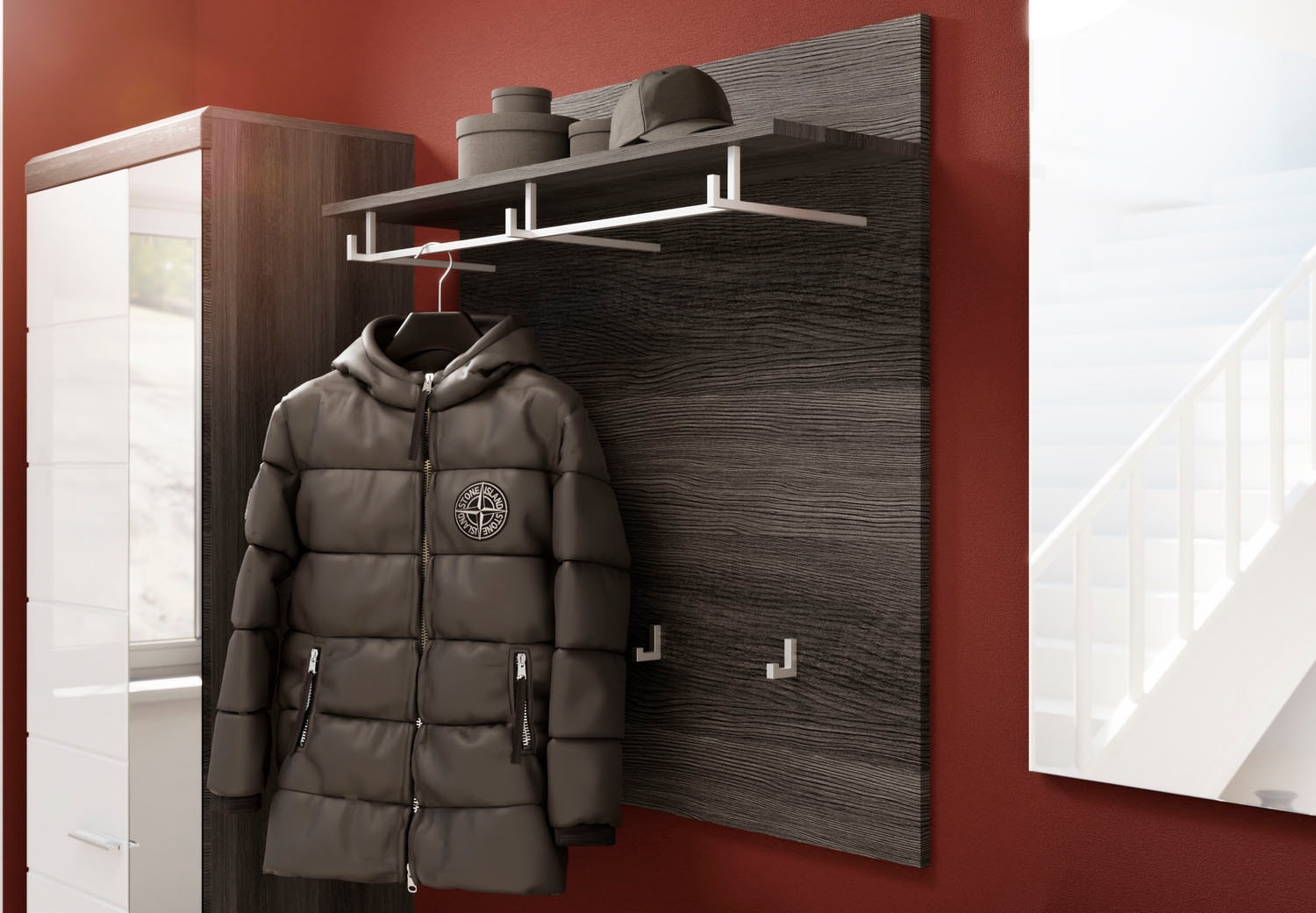 INOSIGN Garderoben-Set »Siena, Fronten mit hochwertiger Rillenfräsung, 5-teilig,bestehend aus:«, (3 St.), Garderobenschrank, Sitzbank, Garderobenpaneel, Schuhschrank, Spiegel