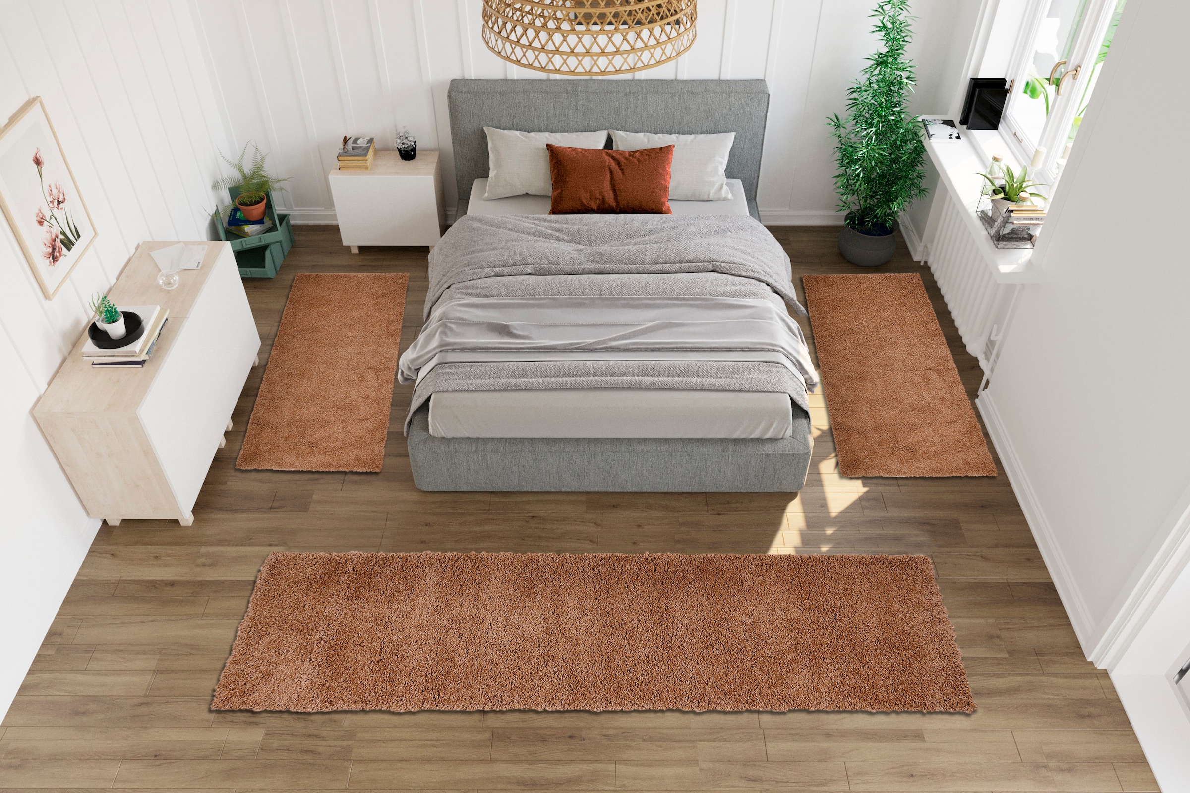 my home Bettumrandung »Shaggy 30«, (3 tlg.), gewebt, 2- oder 3-teilig, Bettvorleger, Läufer-Set, Uni-Farben