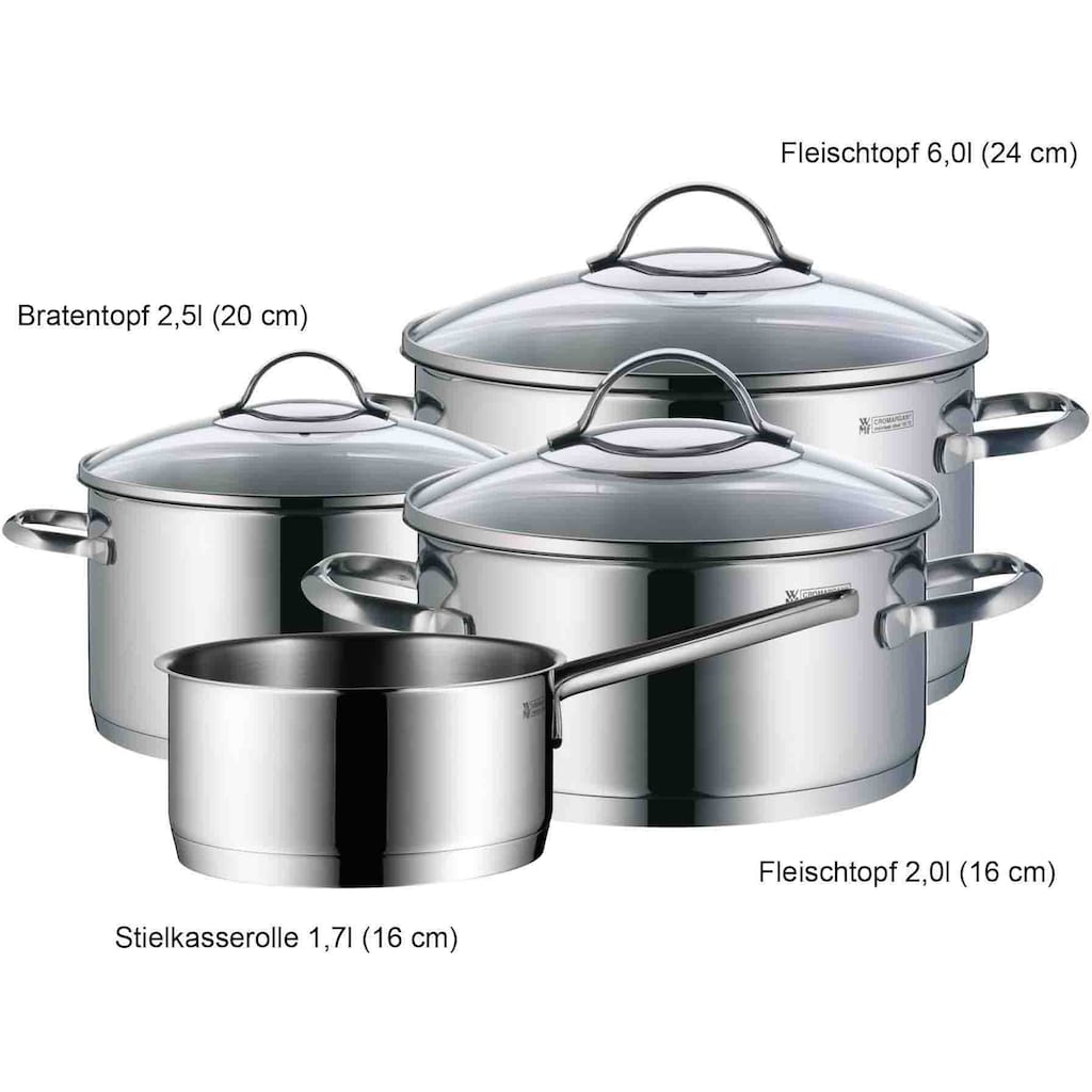 WMF Topf-Set »Provence Plus«, Cromargan® Edelstahl Rostfrei 18/10, (7 tlg., Bratentopf Ø 20 cm, Fleischtopf Ø 16/24 cm, Stielkasserolle Ø 16 cm)