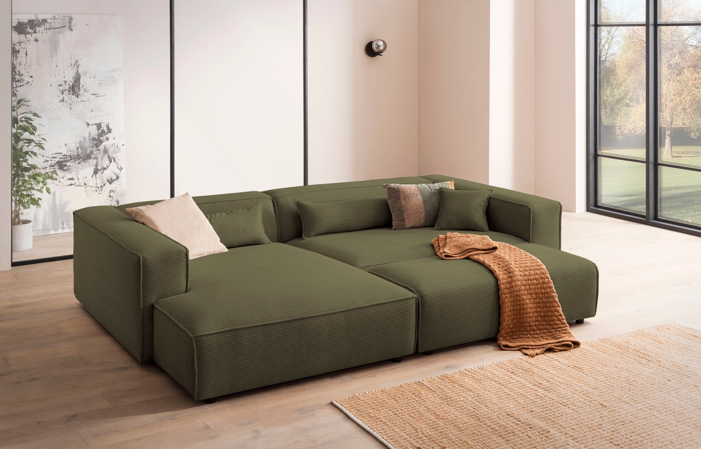 LeGer Home by Lena Gercke Polsterecke »PIARA XXL, L-Form mit Schlaffunktion, Big-Sofa in Cord o. Leinenoptik«, Hocker stellbar zum Schlafsofa (Krokodilverbinder), tiefe Sitzfläche