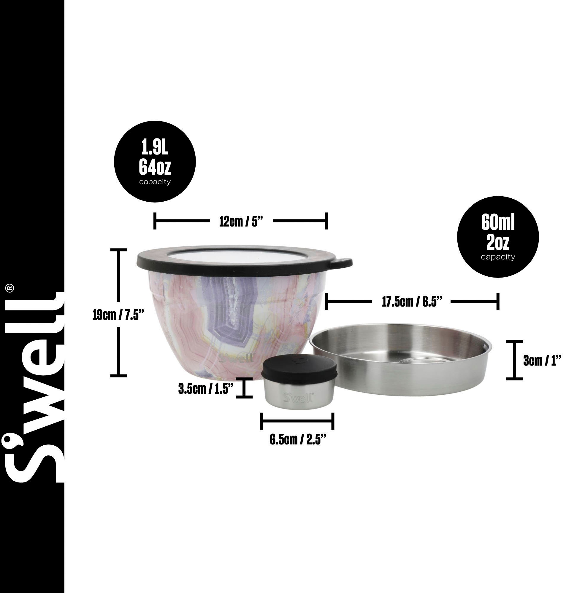 S'well Salatschüssel »S'well Calacatta Gold Salad Bowl Kit, 1.9L«, 3 tlg., aus Edelstahl, Therma-S'well®-Technologie mit vakuumisolierten Außenschale