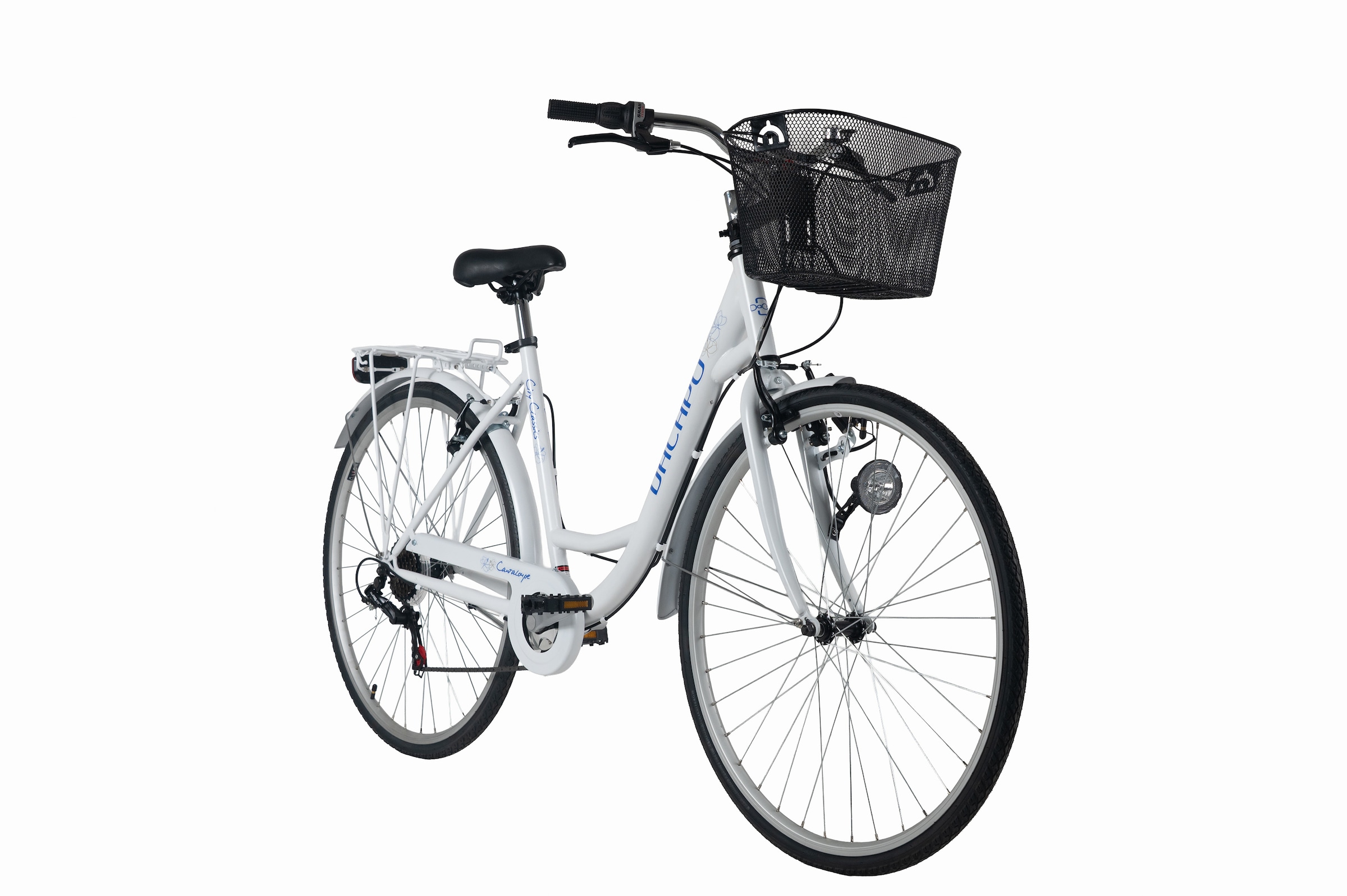 Dacapo Cityrad »DaCapo Citybike 28'' Cantaloupe weiß-blau mit Korb RH 48 cm« 6 Gang Shimano Tourney Schaltwerk Kettenschaltung