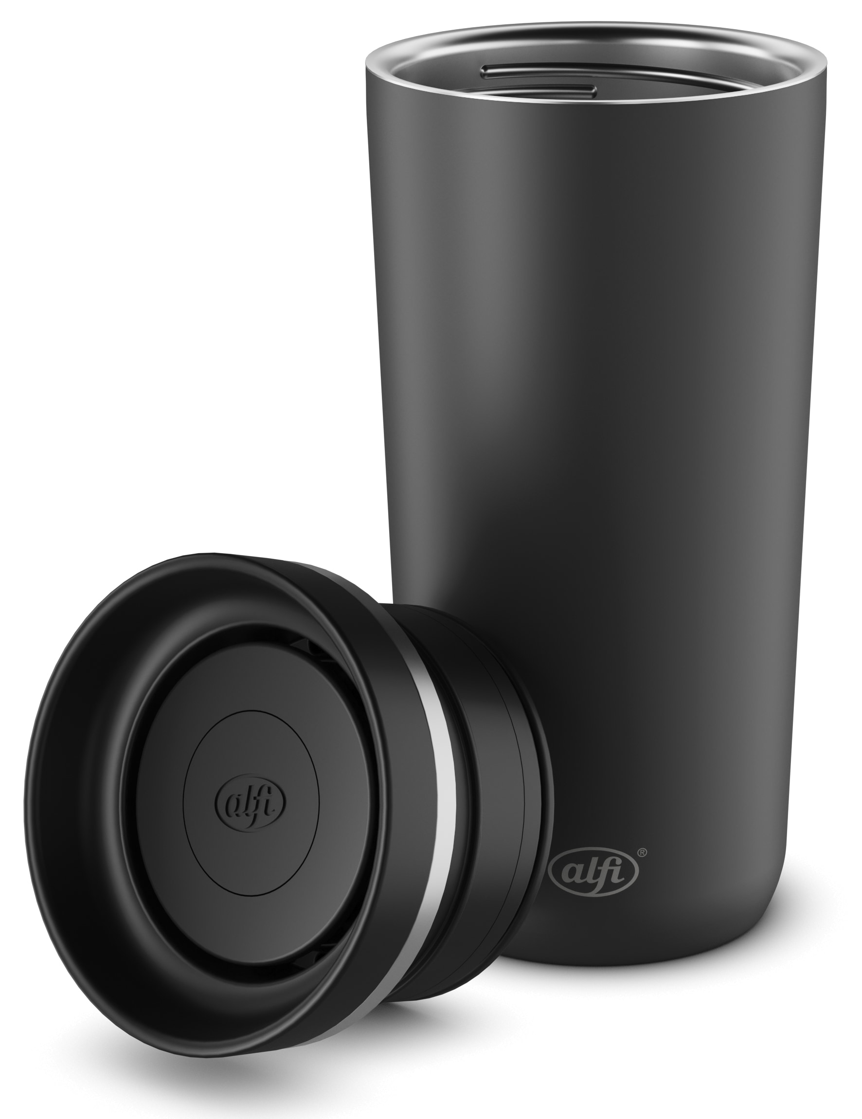 Alfi Thermobecher »ISO COFFEE MUG PRO, absolut dicht, spülmaschinenfest«, (1 tlg.), 0,38l, 6h heiß & 12h kalt, mit Druckknopf & Teebeutel-Aufhänger