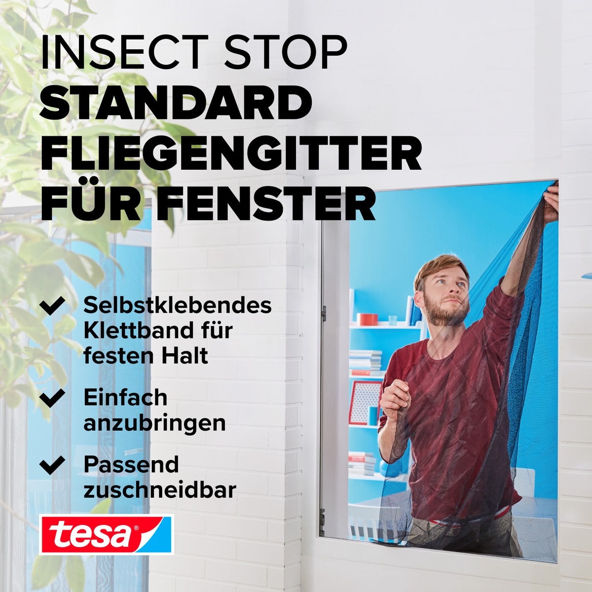 tesa Insektenschutz-Fensterrahmen »Insect Stop Standard Fliegengitter für Fenster - 1.0 m : 1.0 m« Packung, Fliegennetz, Klettband, 3 Stk. tlg. Insektenschutzgitter -Fliegenetz ohne Bohren-zuschneidbar