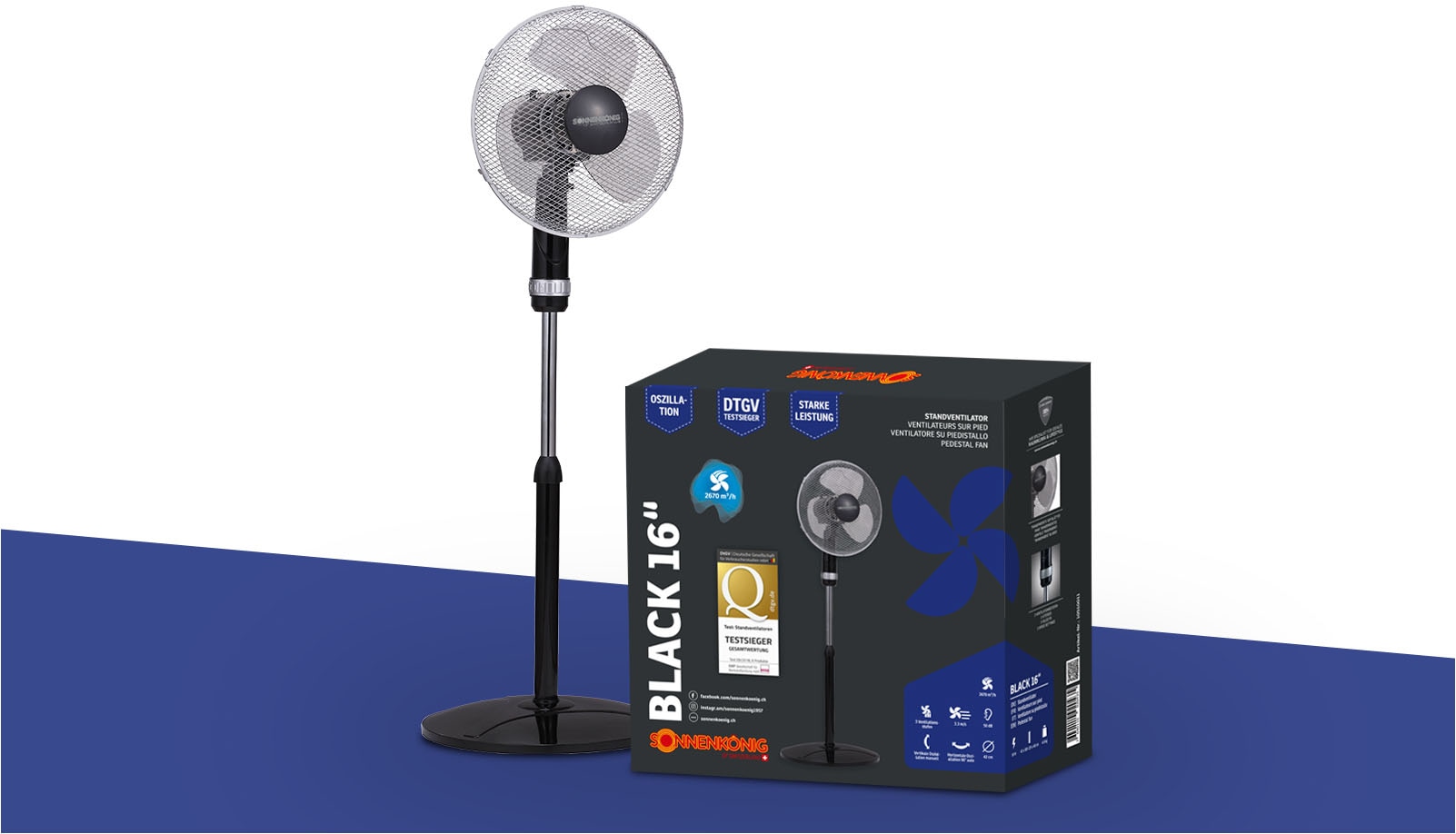 Sonnenkönig Standventilator »Black 16, Leistung 50W, schwenkbar, laufruhig, höhenverstellbar,«, hohe Effizienz, modernes Design, 3 Geschwindigkeiten