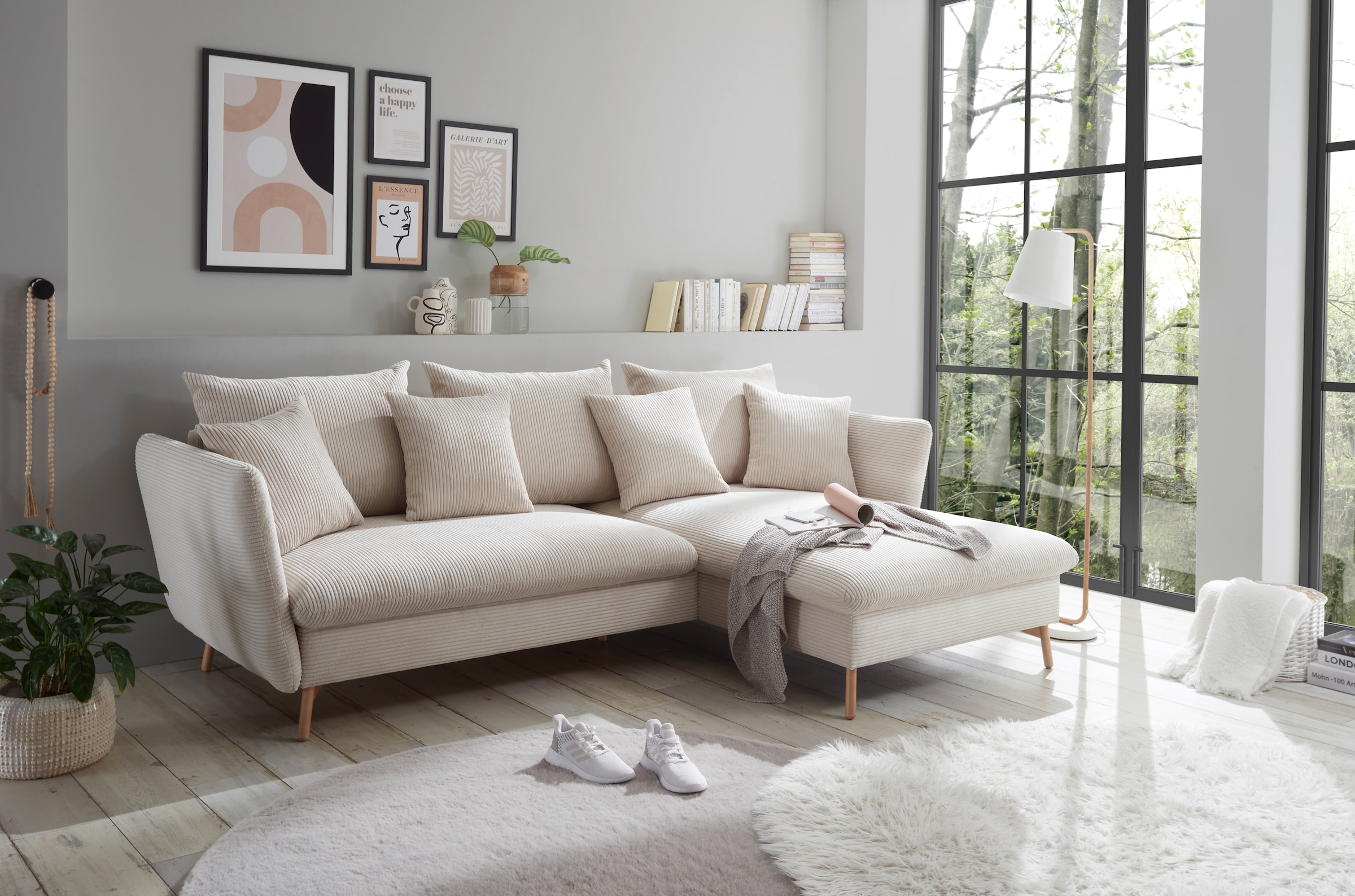 andas Ecksofa »MERLE, 258 cm, L-Form, traumhafter Cord,«, mit Bettfunktion und Bettkasten, Liegefläche 224 x 139