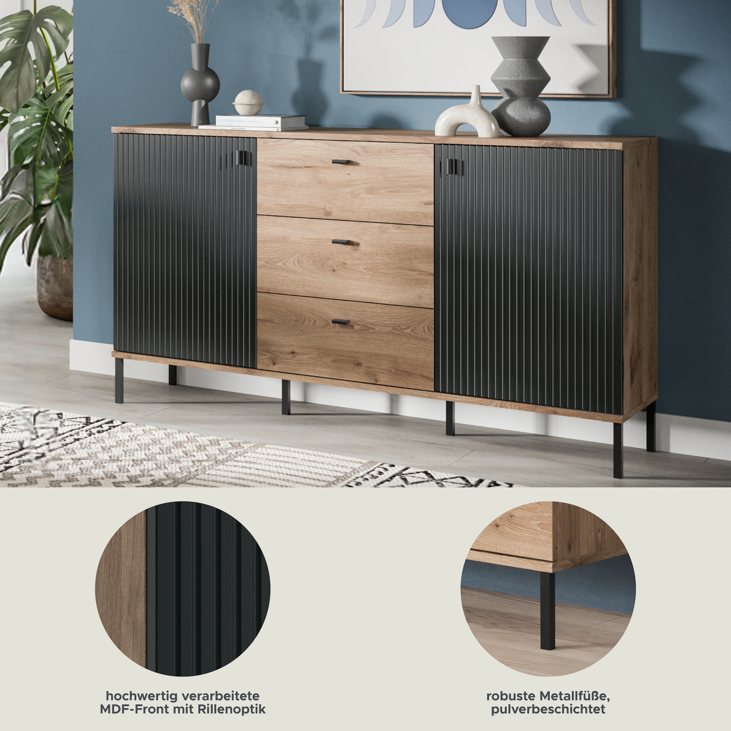 INOSIGN Sideboard »TREVERK, Breite: 154 cm, hochwertige MDF-Front schwarz tiefzieh« 1 Stk. tlg. Sideboard, Wohnzimmer, Esszimmer