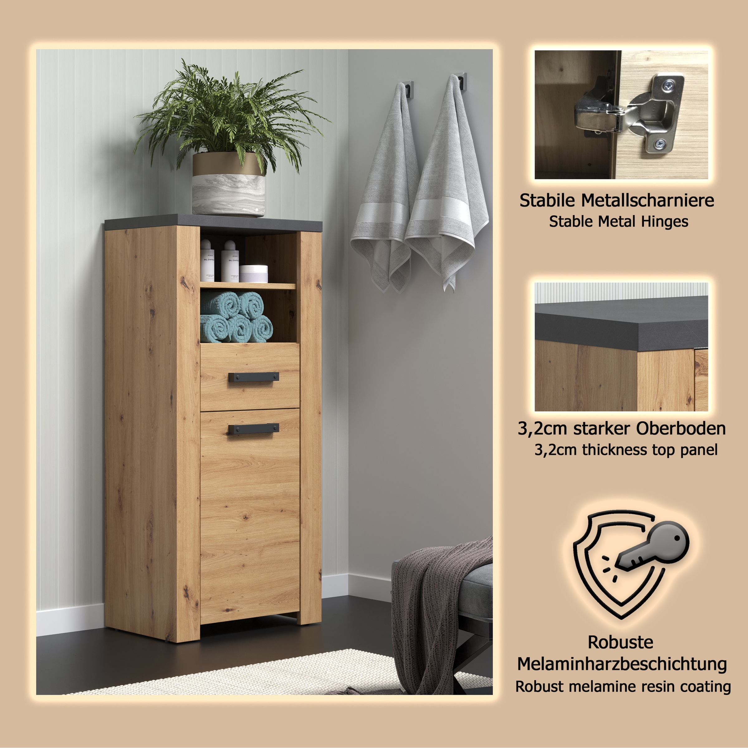 welltime Midischrank »Ambres« 1 Stk. tlg. Badschrank in matter Echtholzoptik - Maße (B/T/H) 53/35/118 cm