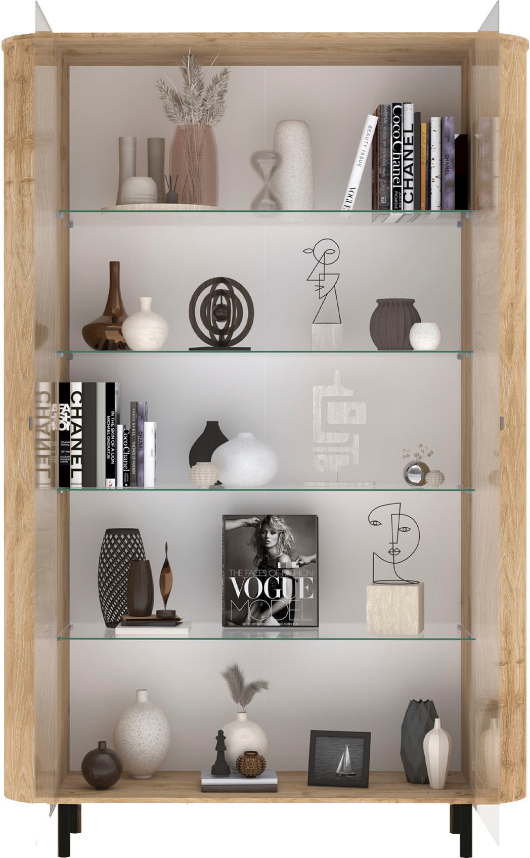 Home affaire Vitrine »Murano, Standvitrine H 200 cm, B 131 cm, 2 Türen, Vitrinenschrank« Formgebogenes MDF, Stirnseiten mit Rundung, Metallfüße, stilvoll