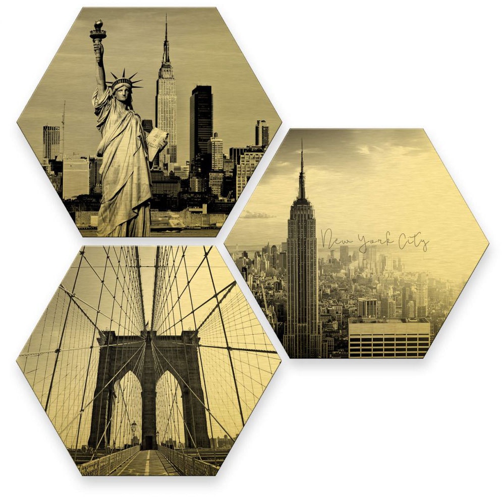 Wall-Art Mehrteilige Bilder »Goldeffekt New York Stadt Set«, (Set, 3 St.), Metallschild Collage