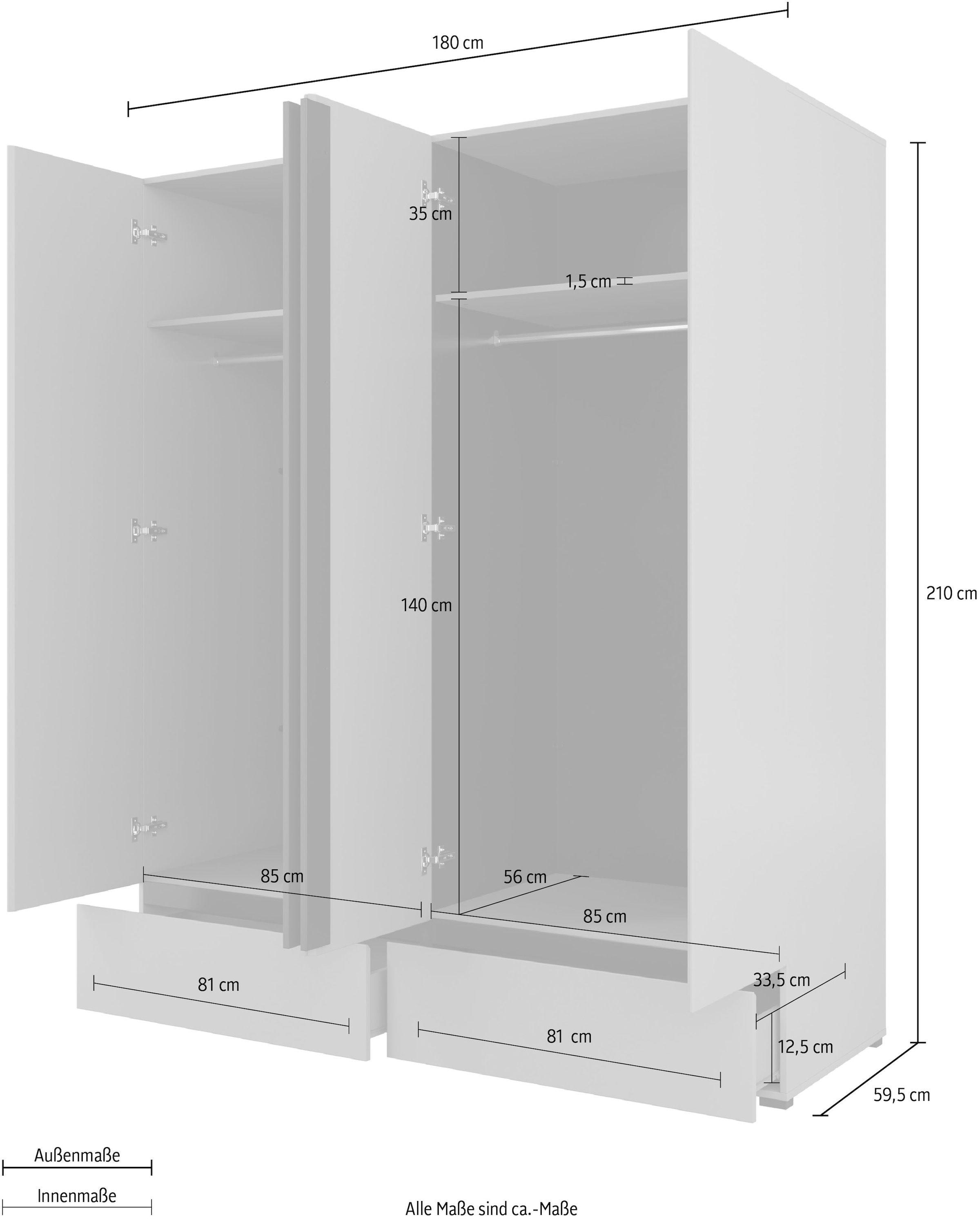 INOSIGN Drehtürenschrank »Cross, moderner griffloser Kleiderschrank«, Wäscheschrank mit Schublade, Garderobe, Türen