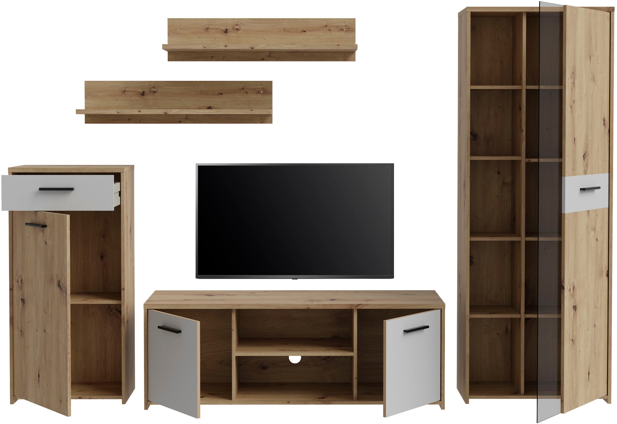 FORTE Wohnwand »Pablo«, (5 St.), Wohnwand 5teilig, Stauraum, Funktionalität, Artisan Eiche/Weiss