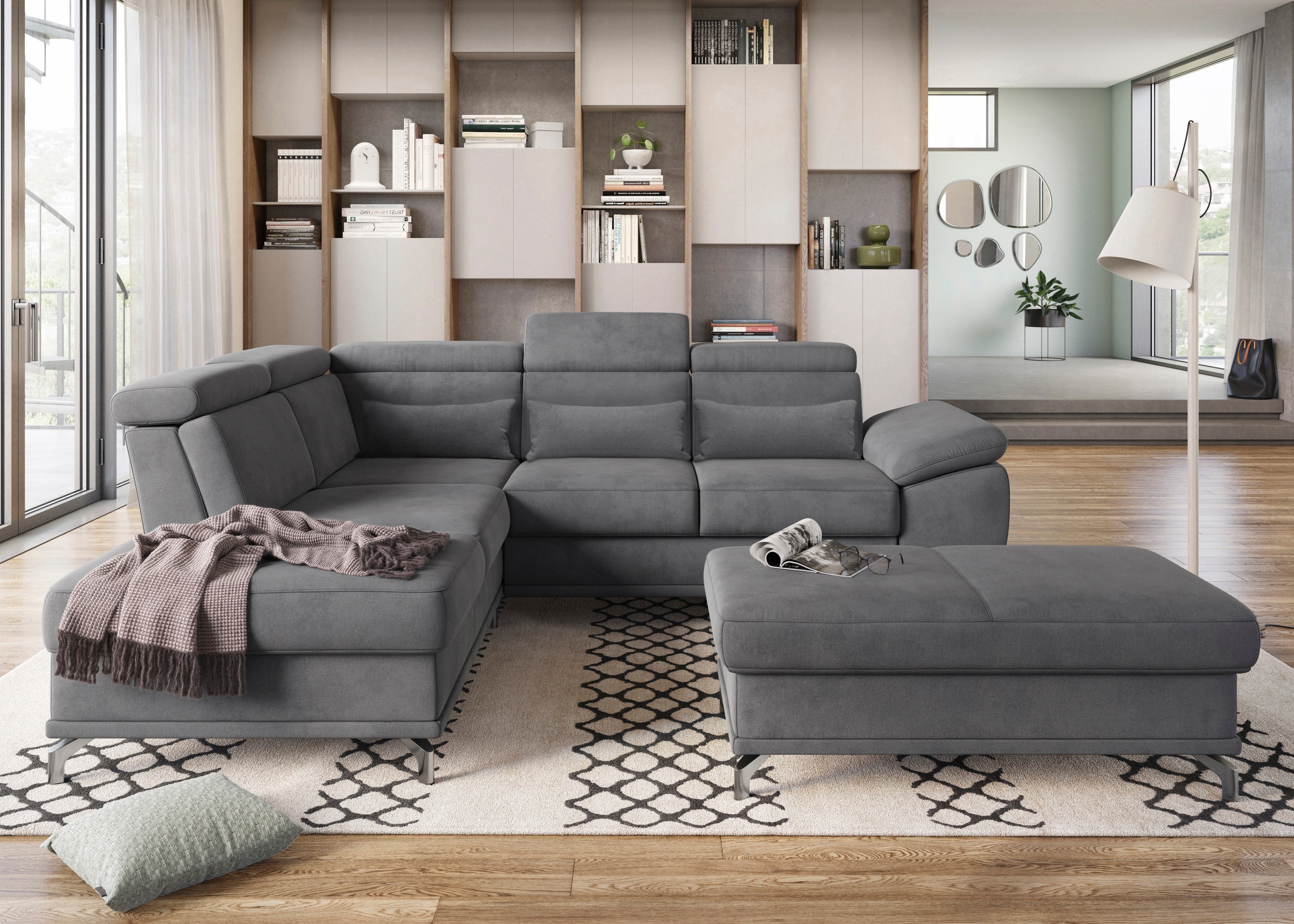 sit&more Ecksofa »Cabrio L-Form, mit Sitztiefenverstellung, Arm- und Kopfteilverstellung«, 3 Nierenkissen, Federkern, optional Bettfunktion und Stauraum