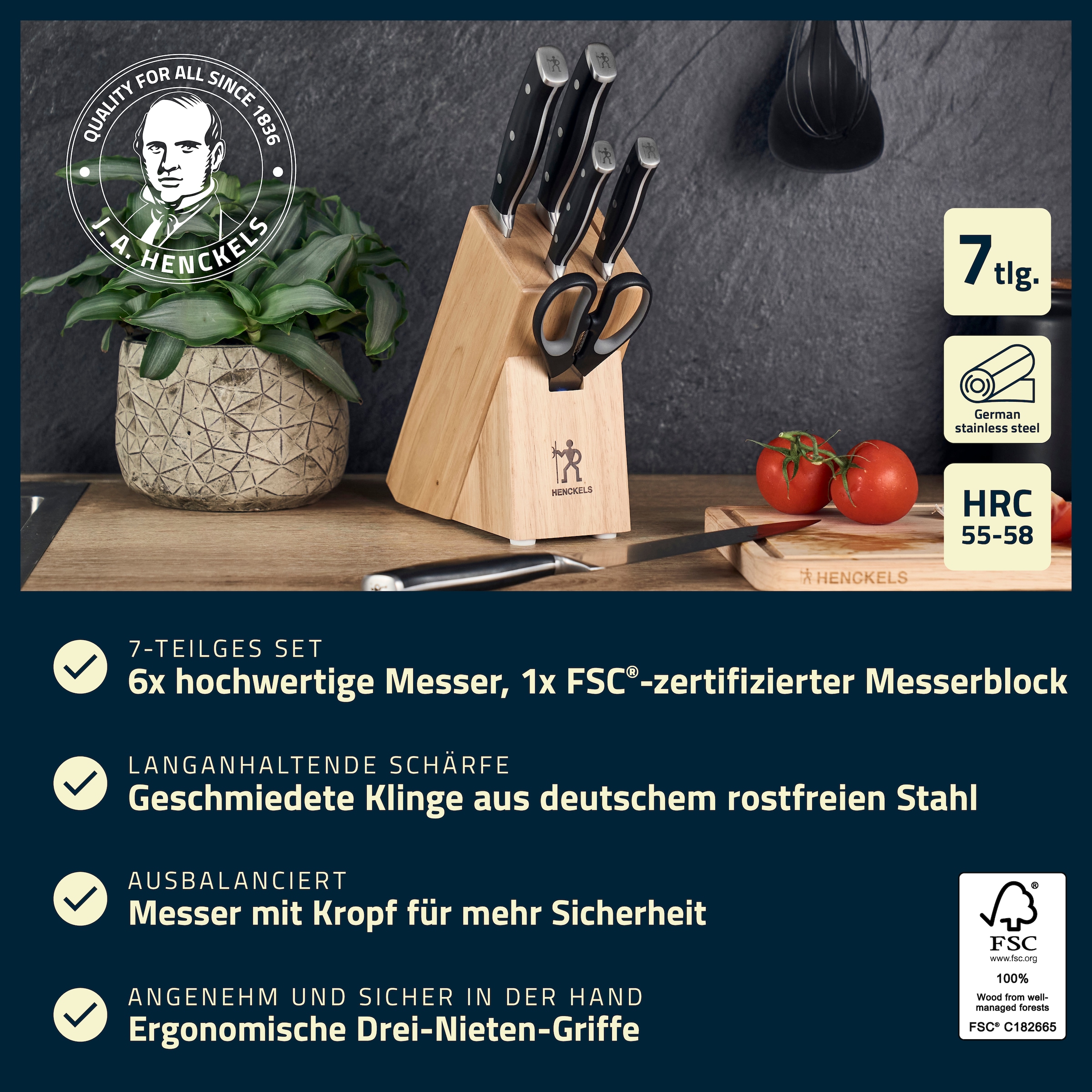 HENCKELS by ZWILLING Messerblock »Accent« 7 Messer mit 3-Nieten-Design-Griffen, Rostfreie Klingen