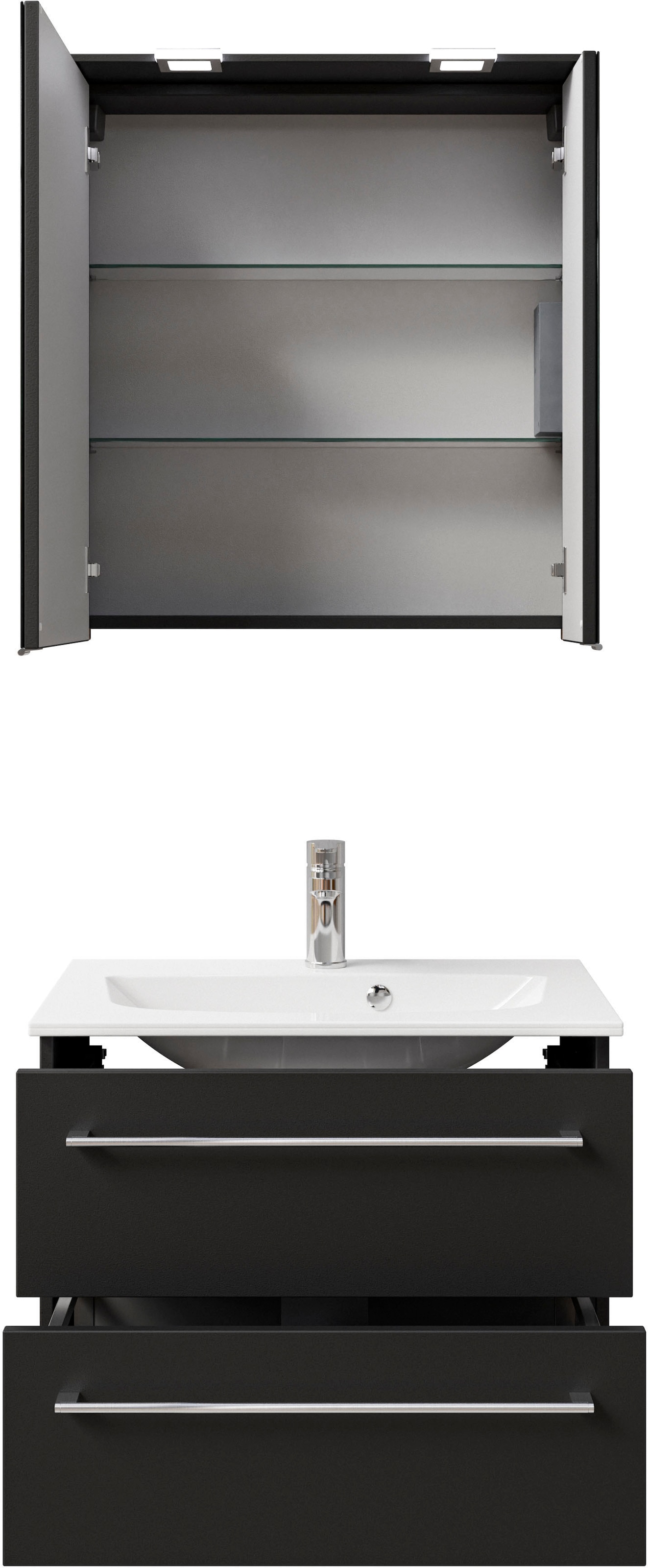 Saphir Badmöbel-Set »Serie 6025 2-teilig Mineralmarmor-Waschtisch mit LED-Spiegelschrank«, (2 St.), Waschplatz 67 cm breit, 2 Schubladen, 2 Spiegel-Türen, inkl Türdämpfer