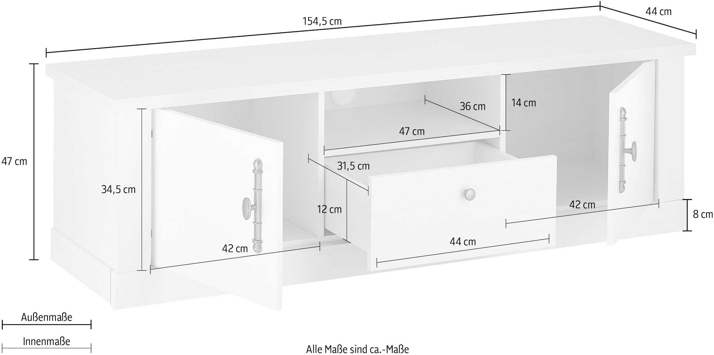 Home affaire Lowboard »RAVENNA«, im romantischen Landhausstil, Griffe aus Metall, Breite 155 cm