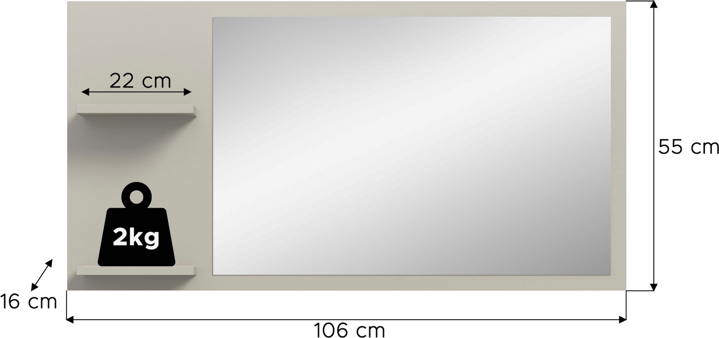 INOSIGN Spiegel »TATIO, 106x55x16 cm, 2 Ablageböden, große Spiegelfläche« Garderobenspiegel, Flurspiegel