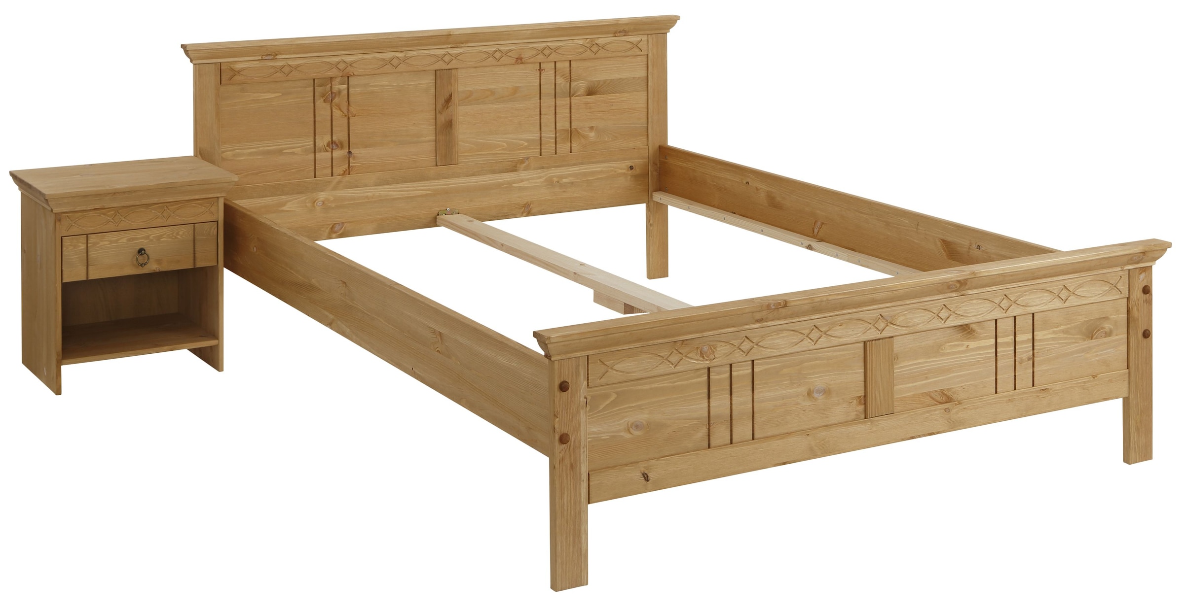 Home affaire Massivholzbett »Indra, TOPSELLER, Landhausstil, edles Design,zertifiziertes Massivholz«, (Breite/Belastbarkeit 180cm/220 KG, 140cm/180 KG, 90cm/120 KG), mit dekorativen Fräsungen, in 2 Breiten und Farben