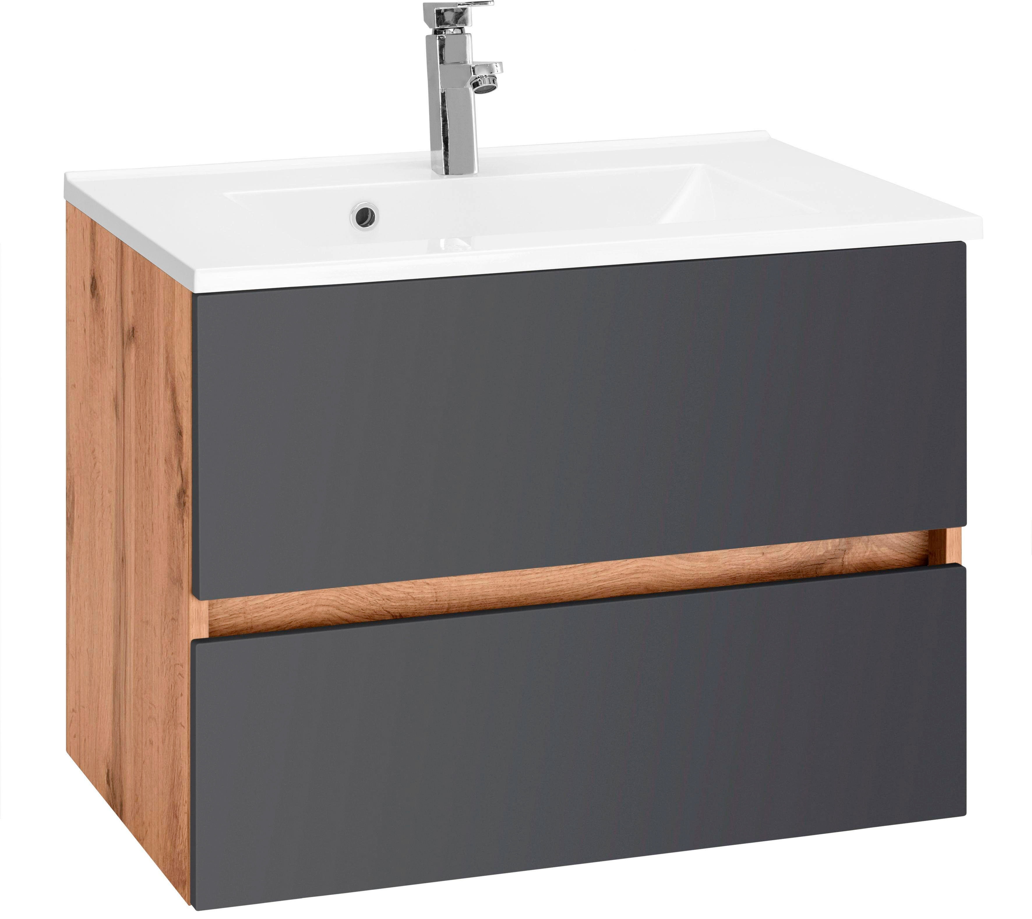 Waschbeckenunterschrank „Lucca“, Bad, Waschtisch inkl. Waschbecken, Breite 60 cm, eichefarben/eichefarben/grau B/H/T: 60 cm x 56 cm x 47 cm