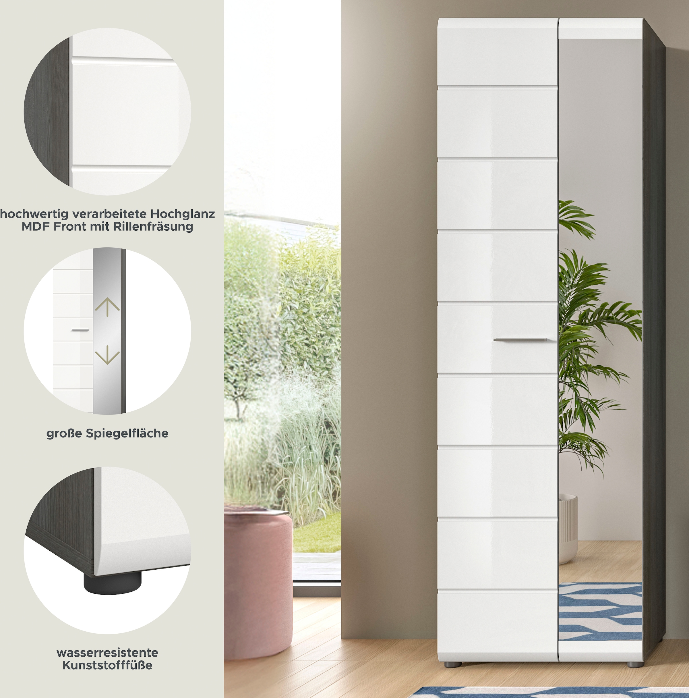 INOSIGN Garderobenschrank »Rumba, Höhe 192 cm, 1 Hochglanz Tür, 1 Spiegeltür, 4 Einlegeböden,«, 1 Kleiderstange, Stauraumschrank, Flurschrank, Flurmöbel