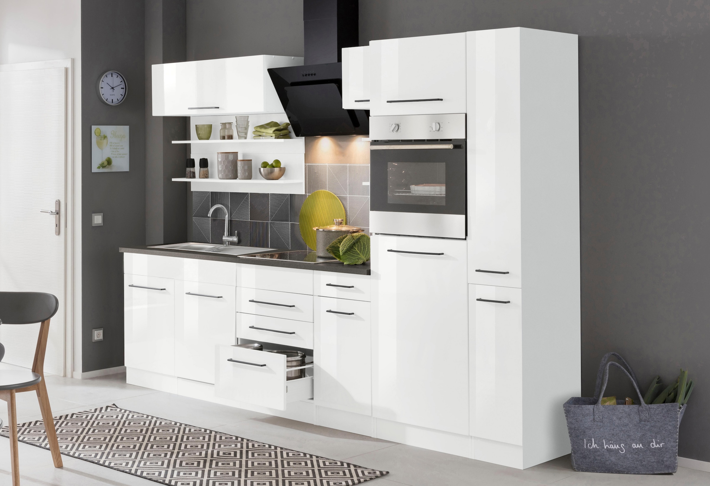 KOCHSTATION Küchenzeile »KS-Tulsa« ohne E-Geräte, Breite 300 cm, schwarze Metallgriffe, MDF Fronten