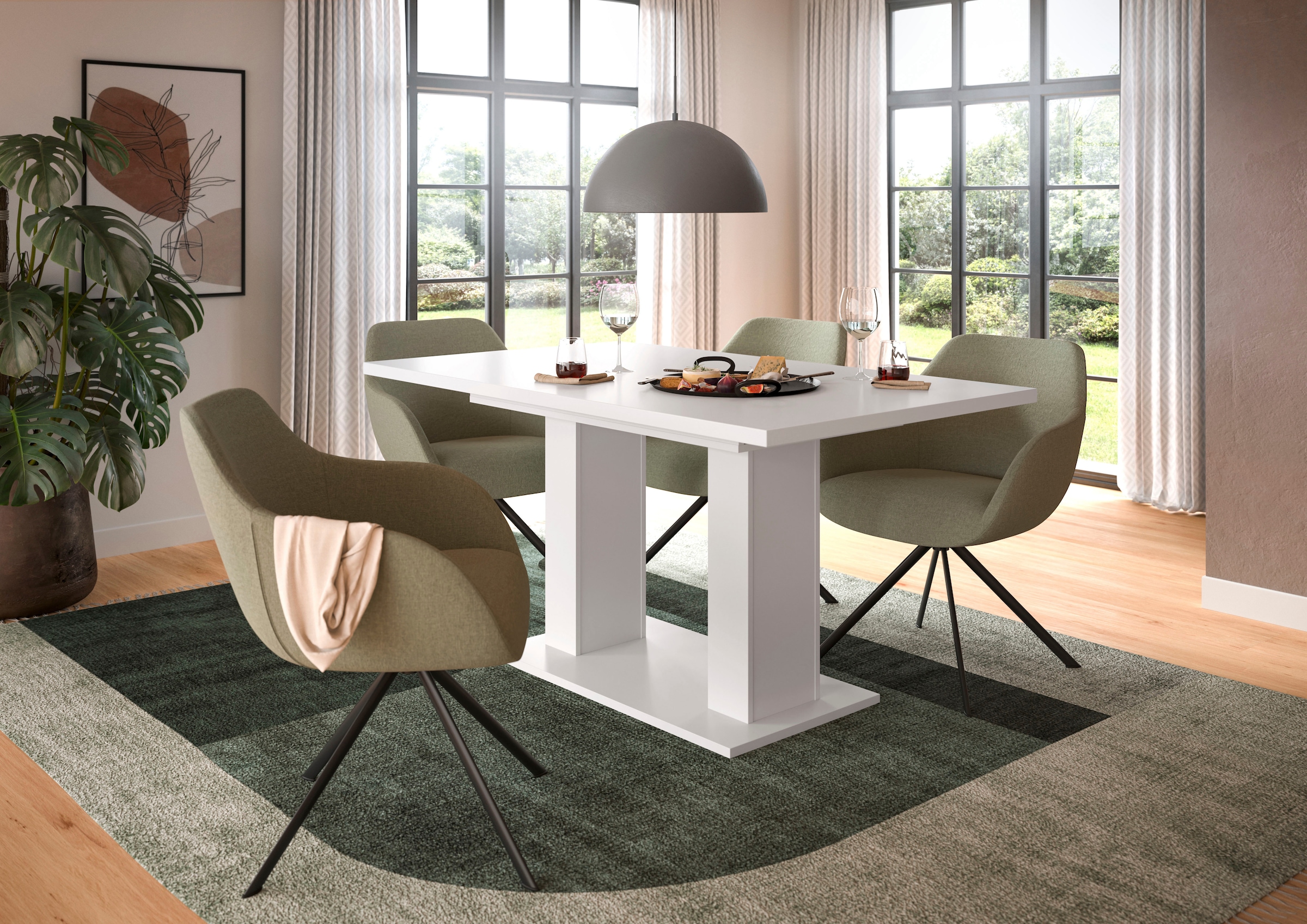INOSIGN Esstisch »Motus, ausziehbar 150 -190 cm, inklusive 40 cm Einlegeplatte«, (Set, 1 St.), Doppelsäulengestell mit Bodenplatte, Tisch, Esstisch, Küche