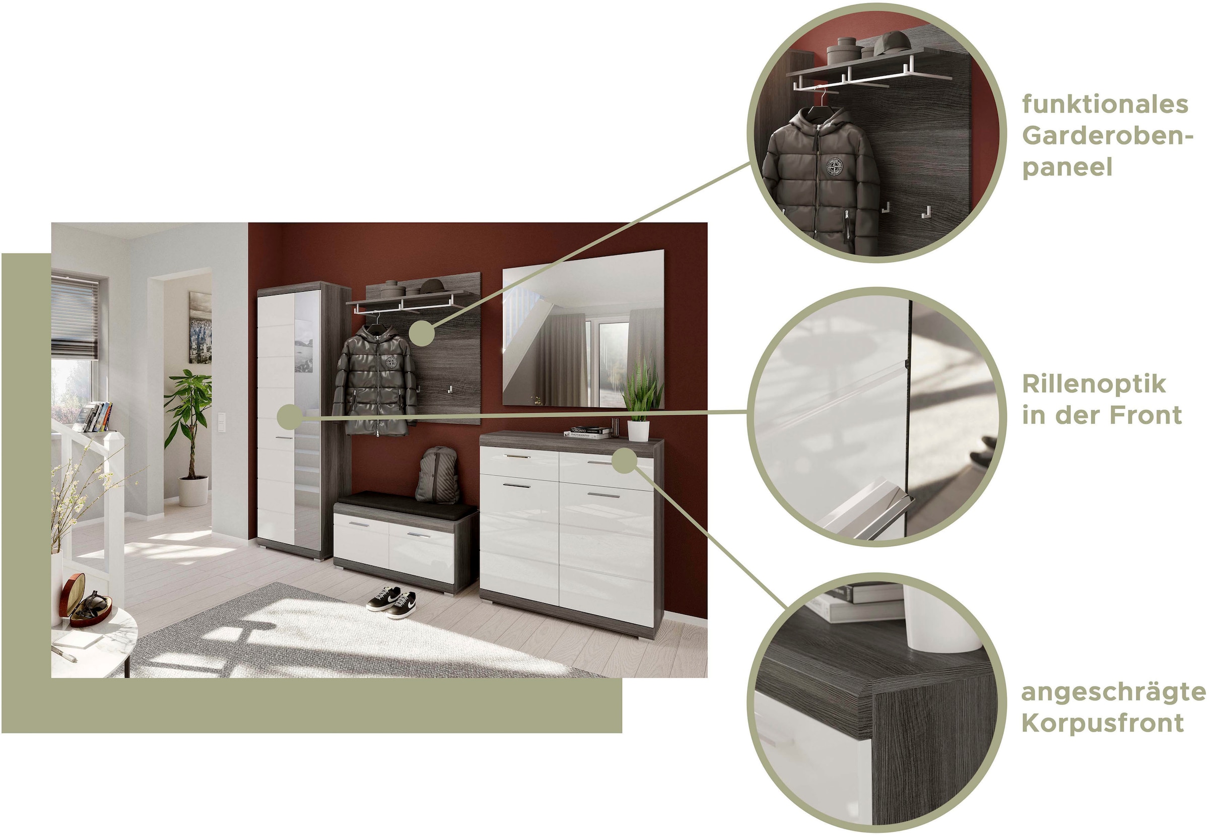INOSIGN Garderoben-Set »Siena, Fronten mit hochwertiger Rillenfräsung, 5-teilig,bestehend aus:«, (3 St.), Garderobenschrank, Sitzbank, Garderobenpaneel, Schuhschrank, Spiegel