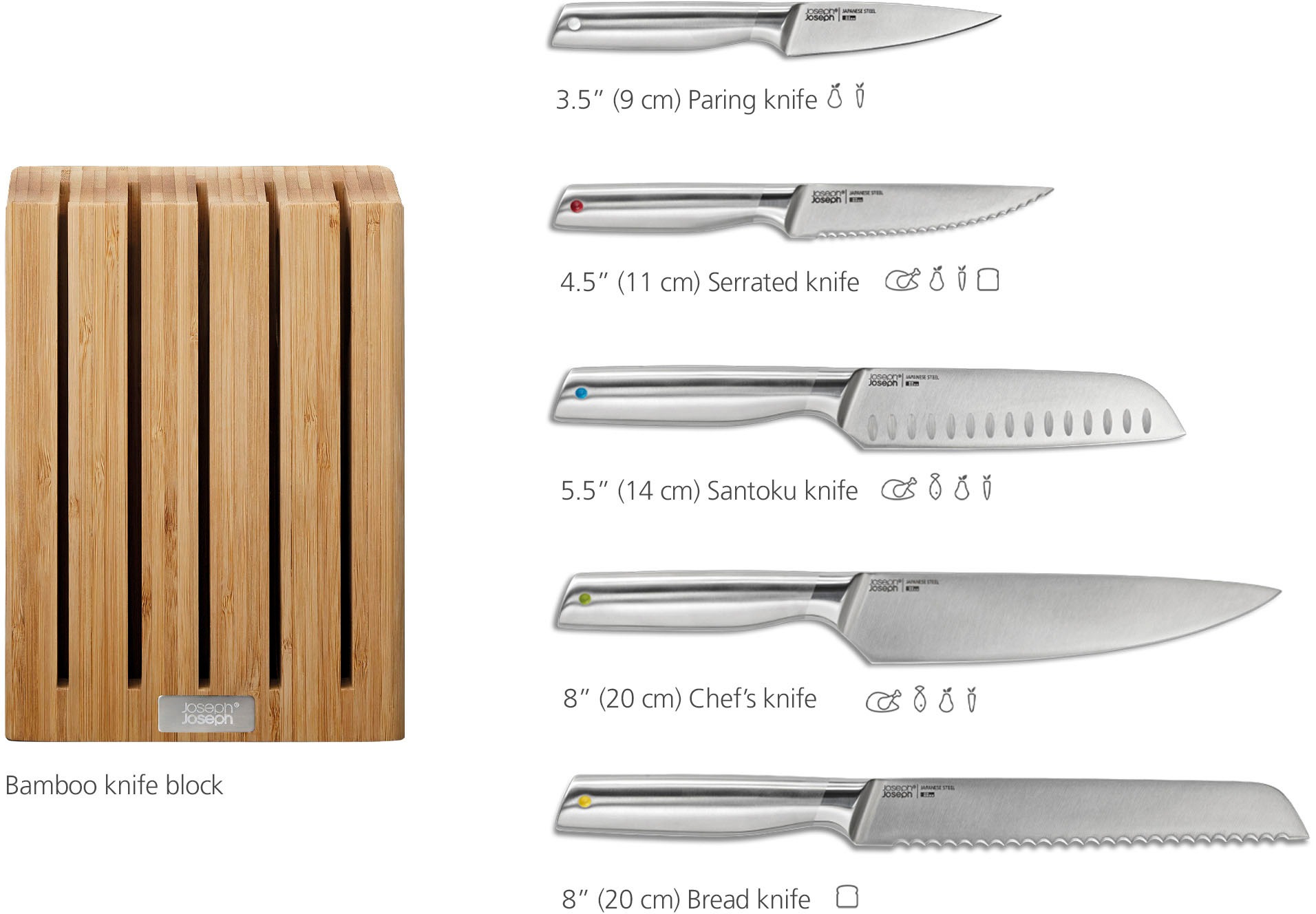 Joseph Joseph Messer-Set »Elevate Steel Knives Bamboo«, (6 tlg.), rutschfest, Bambus, japanischer Edelstahl