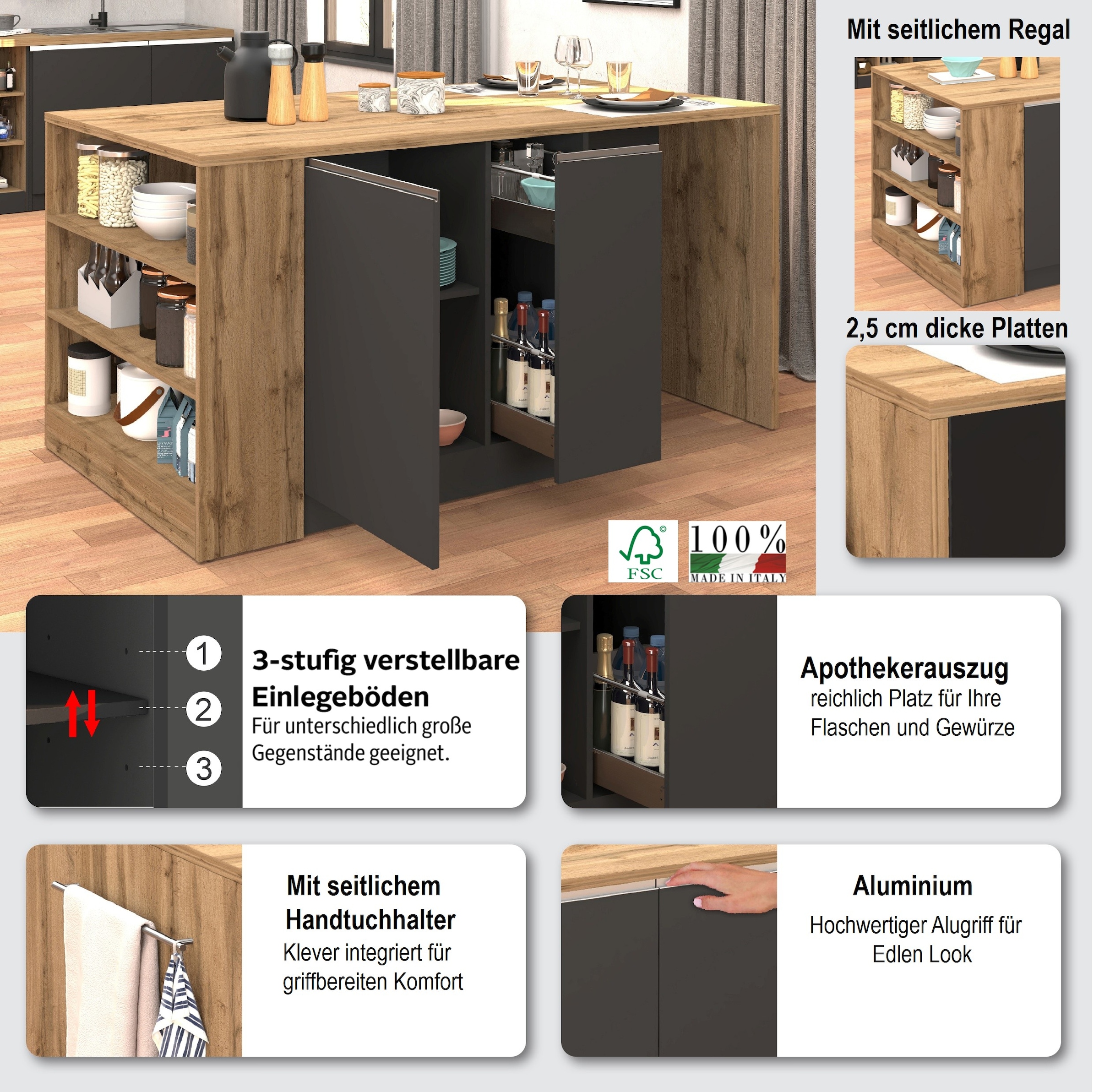 KOCHSTATION Kücheninsel »KS-Sole, Kochinsel, Küchenarbeitsblock, Arbeitsinsel, Made in Italy«, Breite 167,5 cm, 2 Apothekerauszüge, 2 Essplätze, 1 offenes Regal
