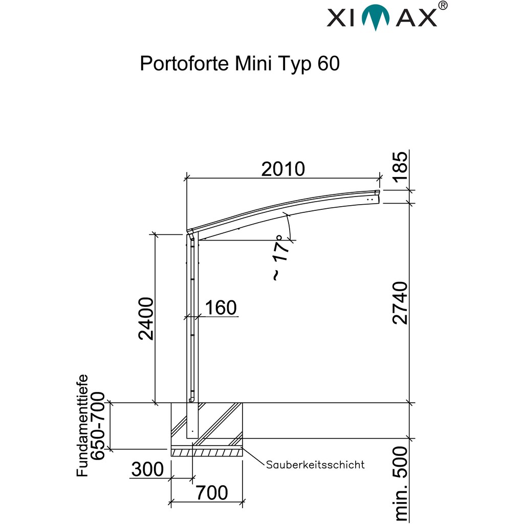 Ximax Einzelcarport »Portoforte Mini Typ 60 Sonderlänge-Edelstahl-Look«, Aluminium, 185 cm, edelstahlfarben