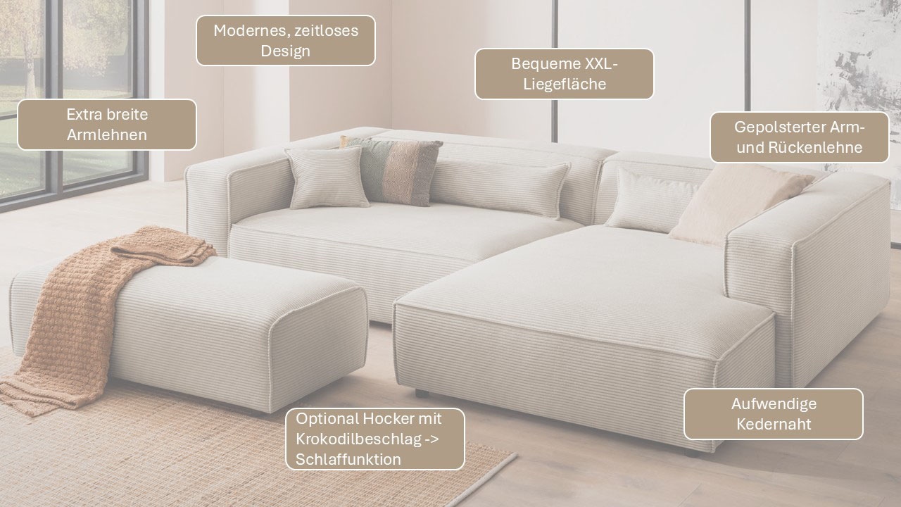 LeGer Home by Lena Gercke Ecksofa »PIARA XXL, Big-Sofa, Cord, Leinenoptik o. Strukturstoff, L-Form« wahlweise Ottomane rechts/links, Kedernaht, extra tiefe Sitzfläche