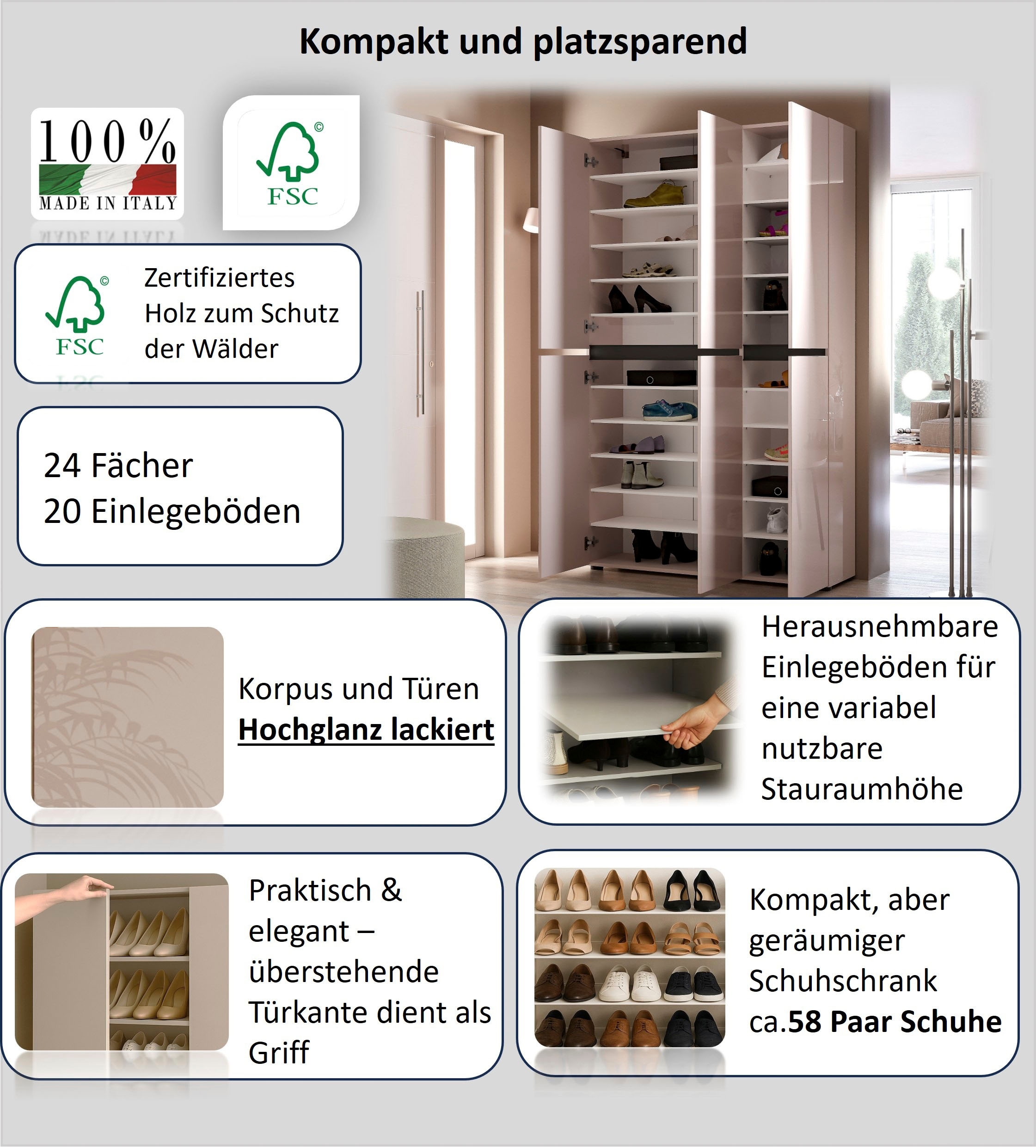 Home affaire Schuhschrank »MISTER Schuhkommode, Schuhmöbel, Schuhregal, Hochglanz lackiert« Breite 120 cm, Höhe 200 cm, 6 Türen, 24 Fächer, ca.58 paar Schuhe