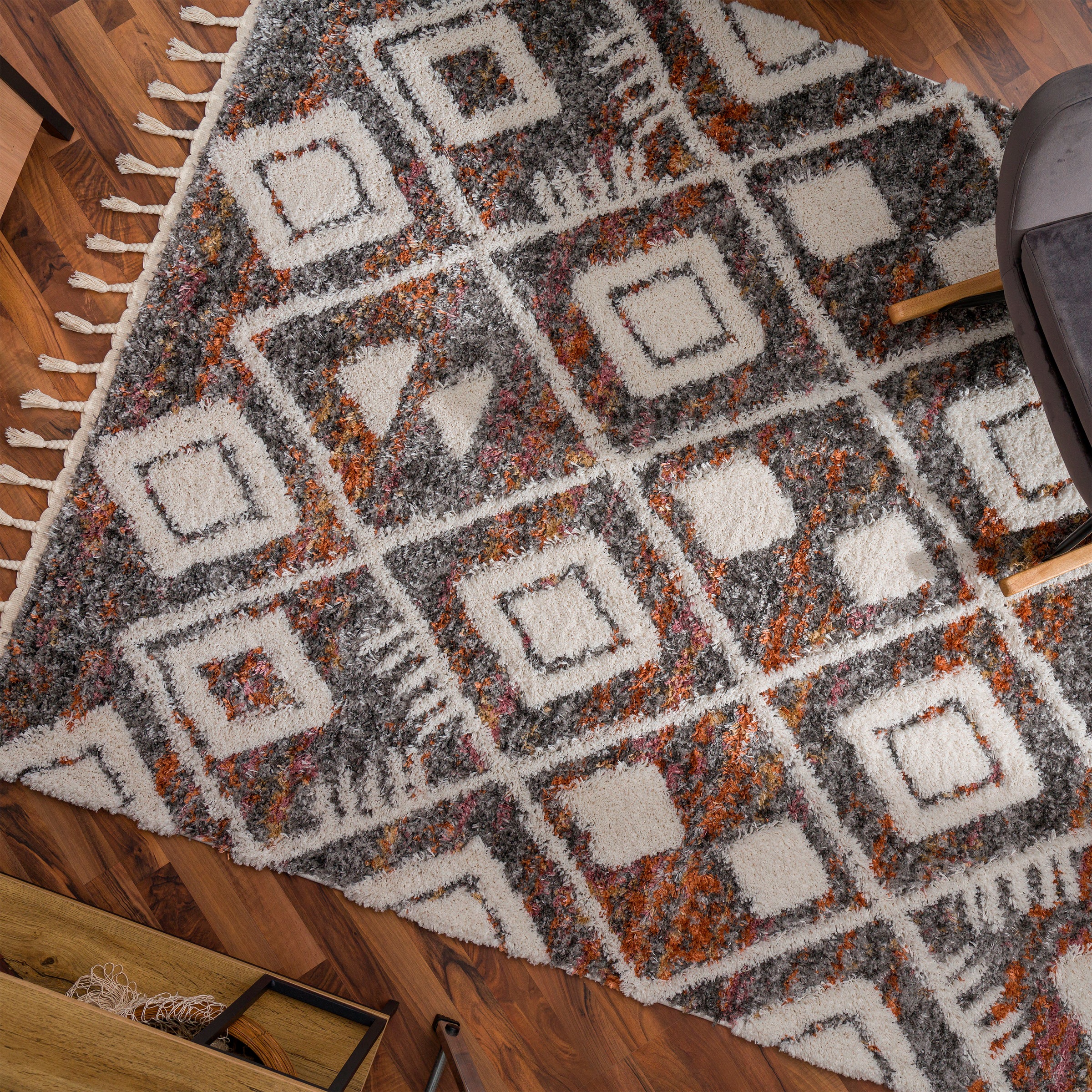 Paco Home Hochflor-Teppich »Monza 654«, rechteckig, 34 mm Höhe, meliert, Rauten Muster, 3D-Effekt, mit Fransen
