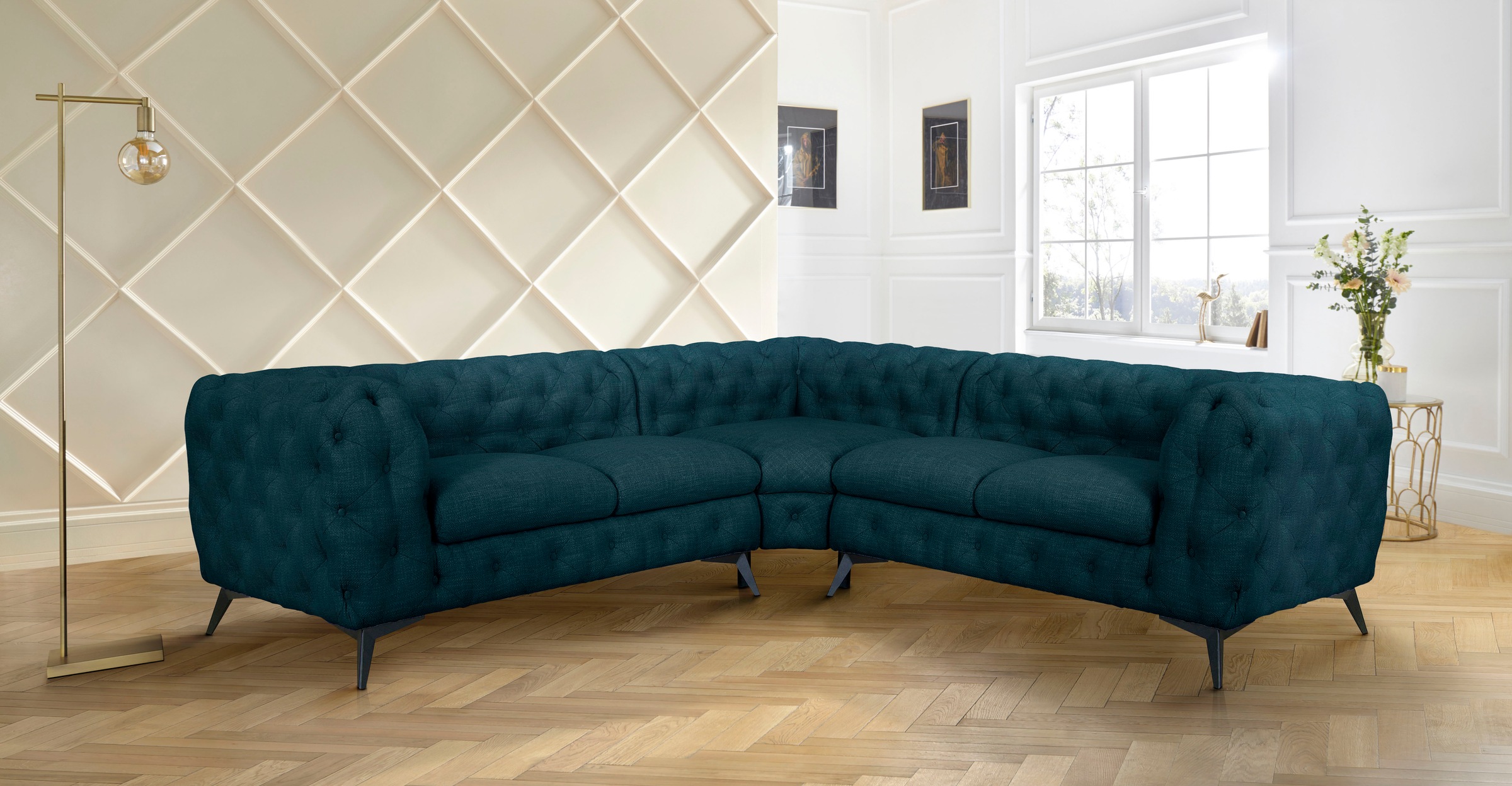 Leonique Chesterfield-Sofa »Ecksofa GLYNIS L-Form mit Wellenunterfederung, Maße B/T/H 264/264/75cm«, aufwändige Knopfheftung, moderne Chesterfield Optik, Fußfarbe wählbar