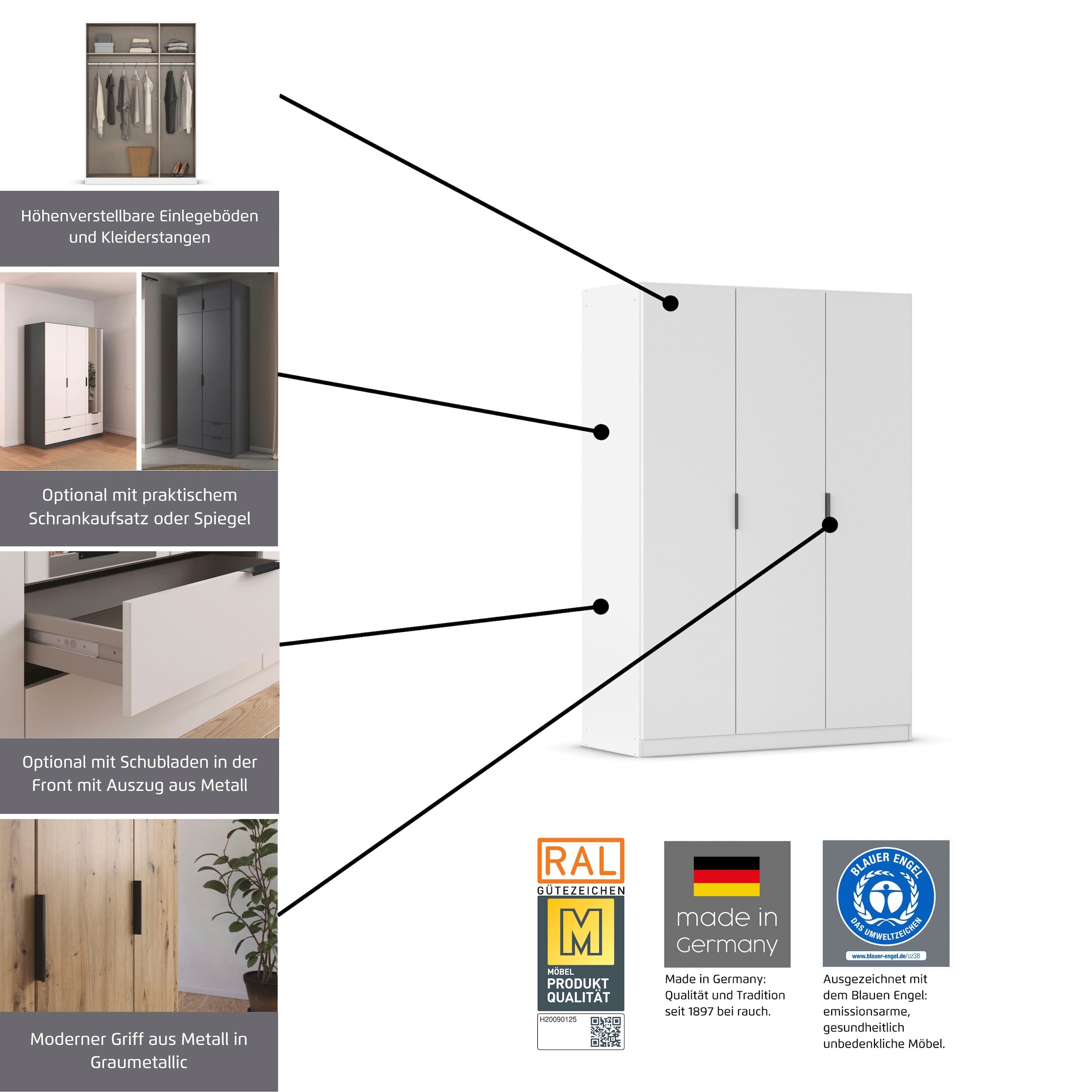 rauch Kleiderschrank »Drehtürenschrank Schrank Garderobe Ankleide Schlafzimmer LAGOA« in 3 verschiedenen Ausstattungen BASIC/CLASSIC/PREMIUM,  moderne Kantengriffe aus Metall, optional mit Aufsatz MADE IN GERMANY