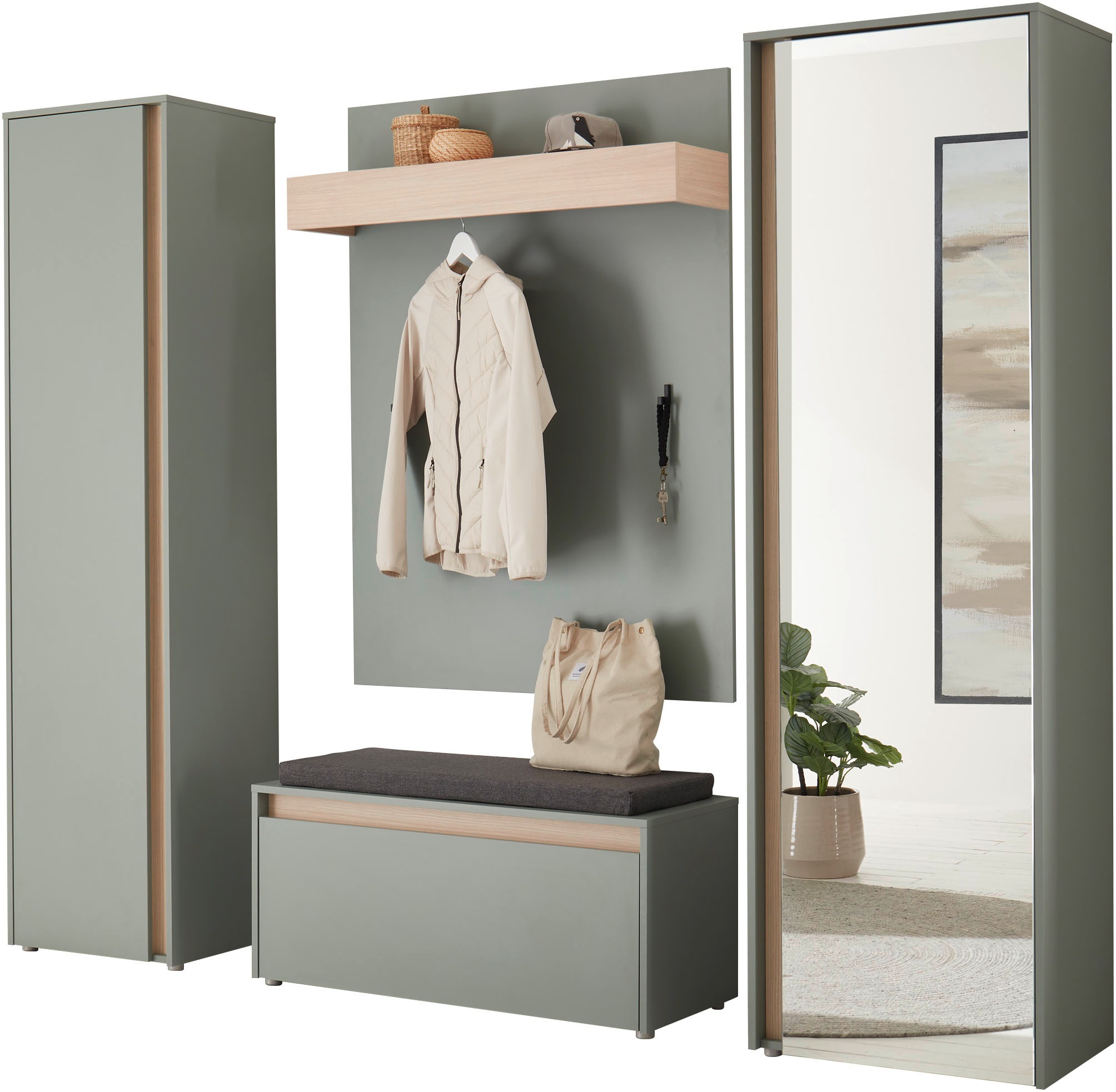 INOSIGN Garderoben-Set »GIRON/CiTY, moderne Garderobe, Komplettset mit viel Stauraum«, (Komplett-Set, 4 St.), enthält Garderobenschränke, Paneel & Schuhbank +Sitzkissen