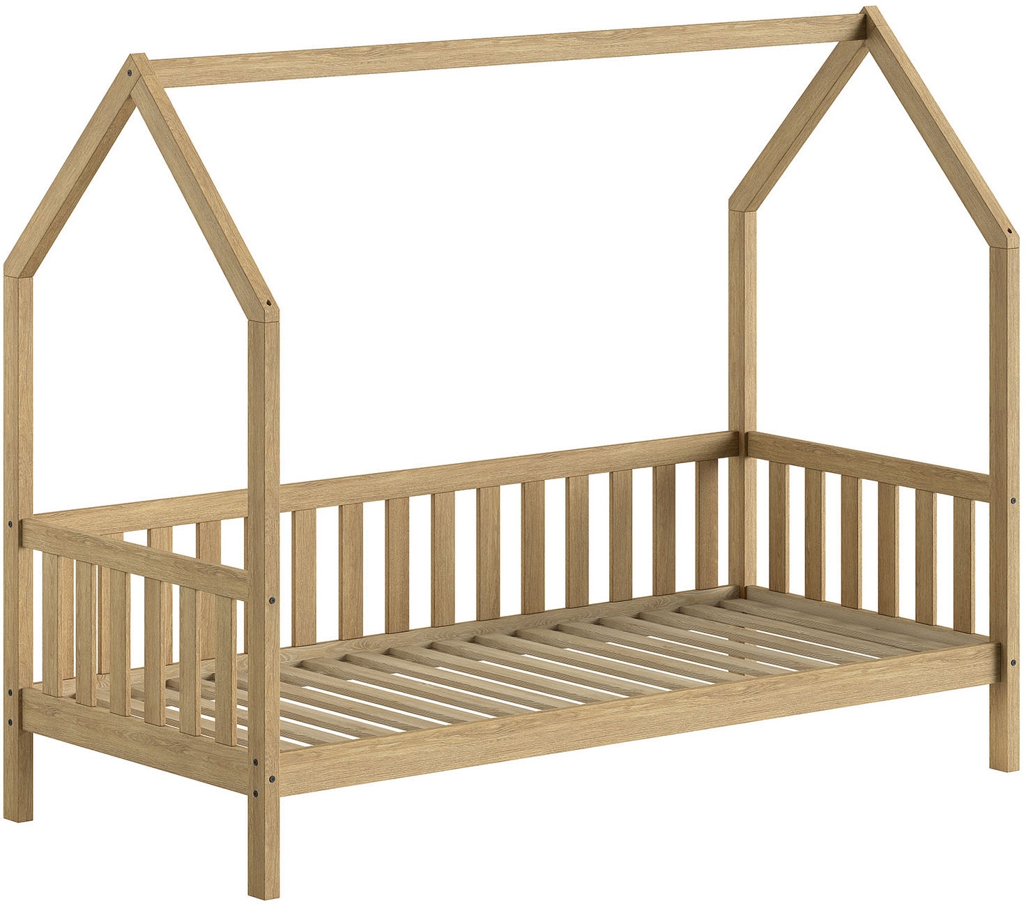 Vipack Hausbett »Cabane, mit Dachaufbau, Bettschublade auf Rollen u. Sprossenumrandung«, (B/H/T ca. 208x169x98 cm) aus massiver Eiche, Oberfläche Natur), sehr stabil und standfest gebaut inkl. Massivholz Rolllattenrost