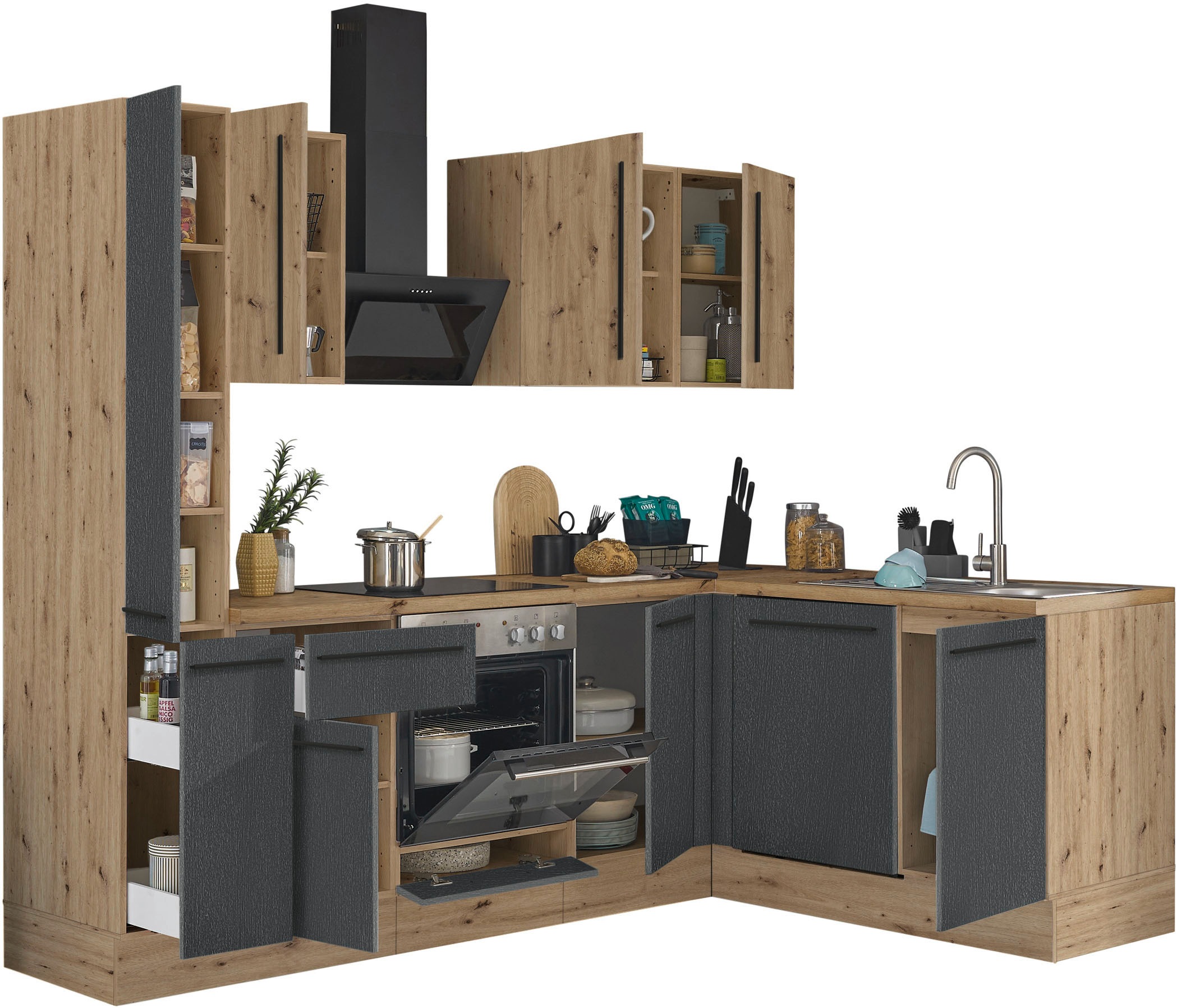 KOCHSTATION Winkelküche »Florida, Stellbreite 250x165 cm« wahlweise mit E-Geräten, mit Softclose für Türen und Schubkästen