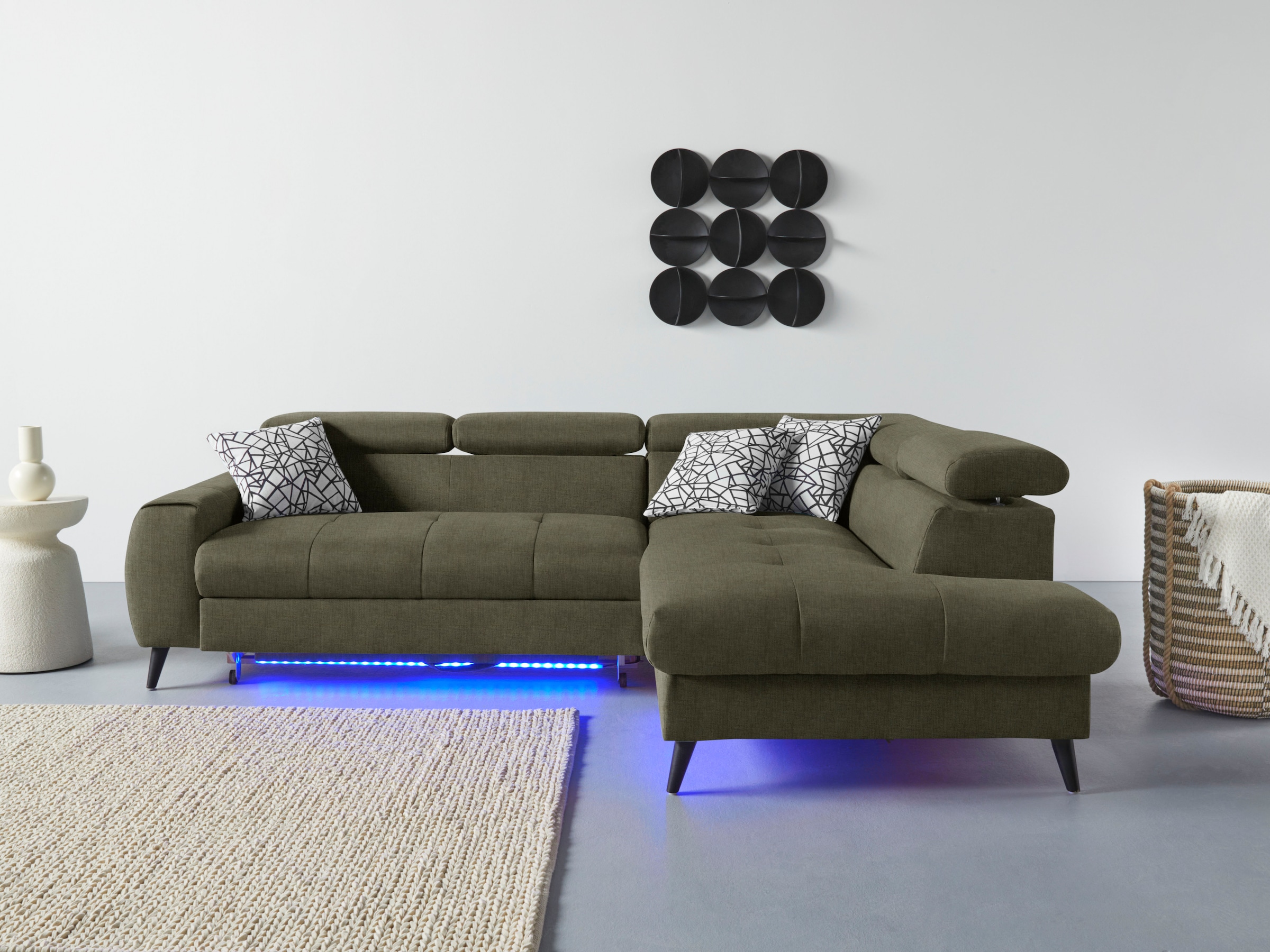 COTTA Ecksofa »Mia L-Form mit 3 Zierkissen«, wahlweise mit Bettfunktion, Bettkasten, Beleuchtung & Wireless-Charger