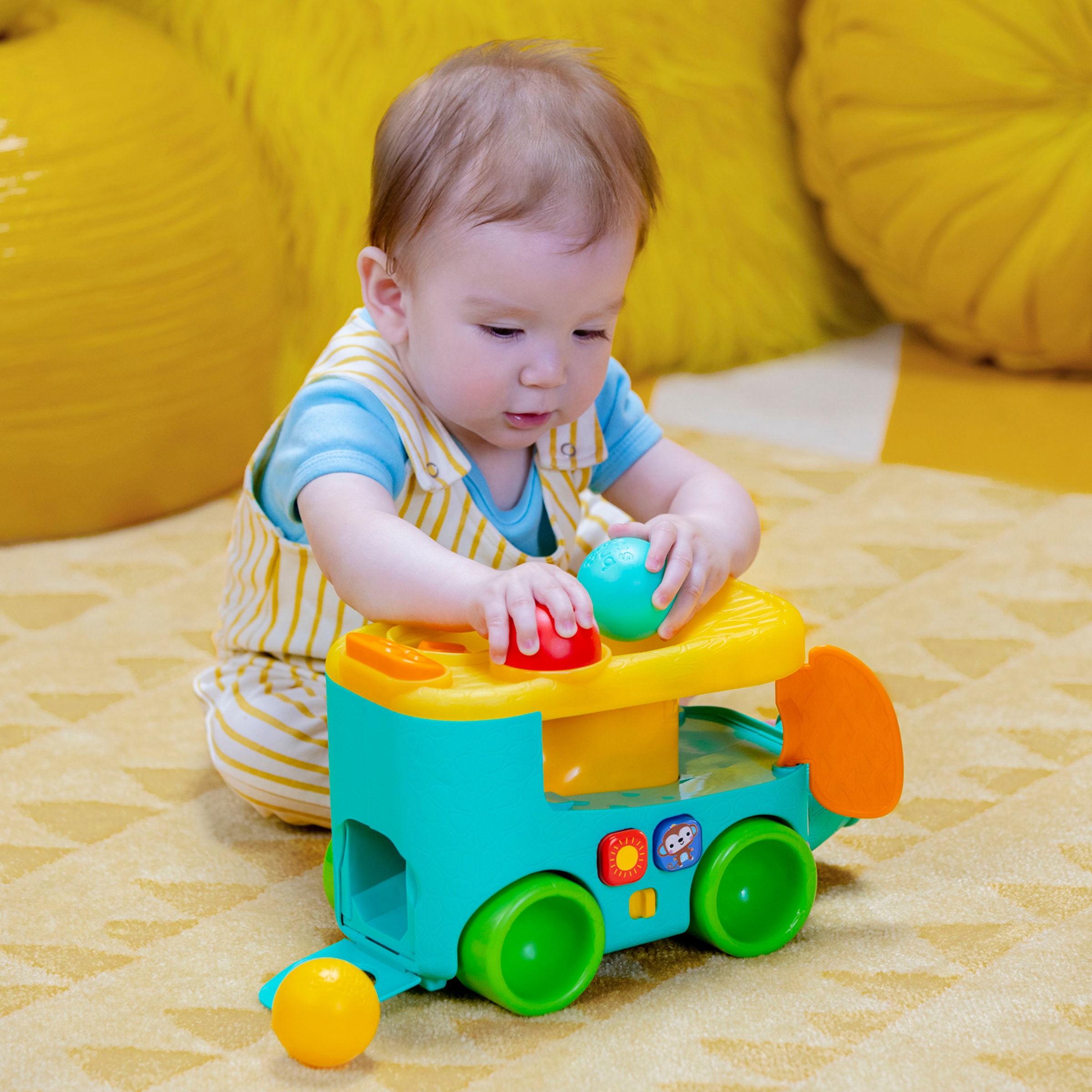 Bright Starts Lernspielzeug »Pop & Roll Safari Bus Ball Play Toy«, mit Licht und Sound