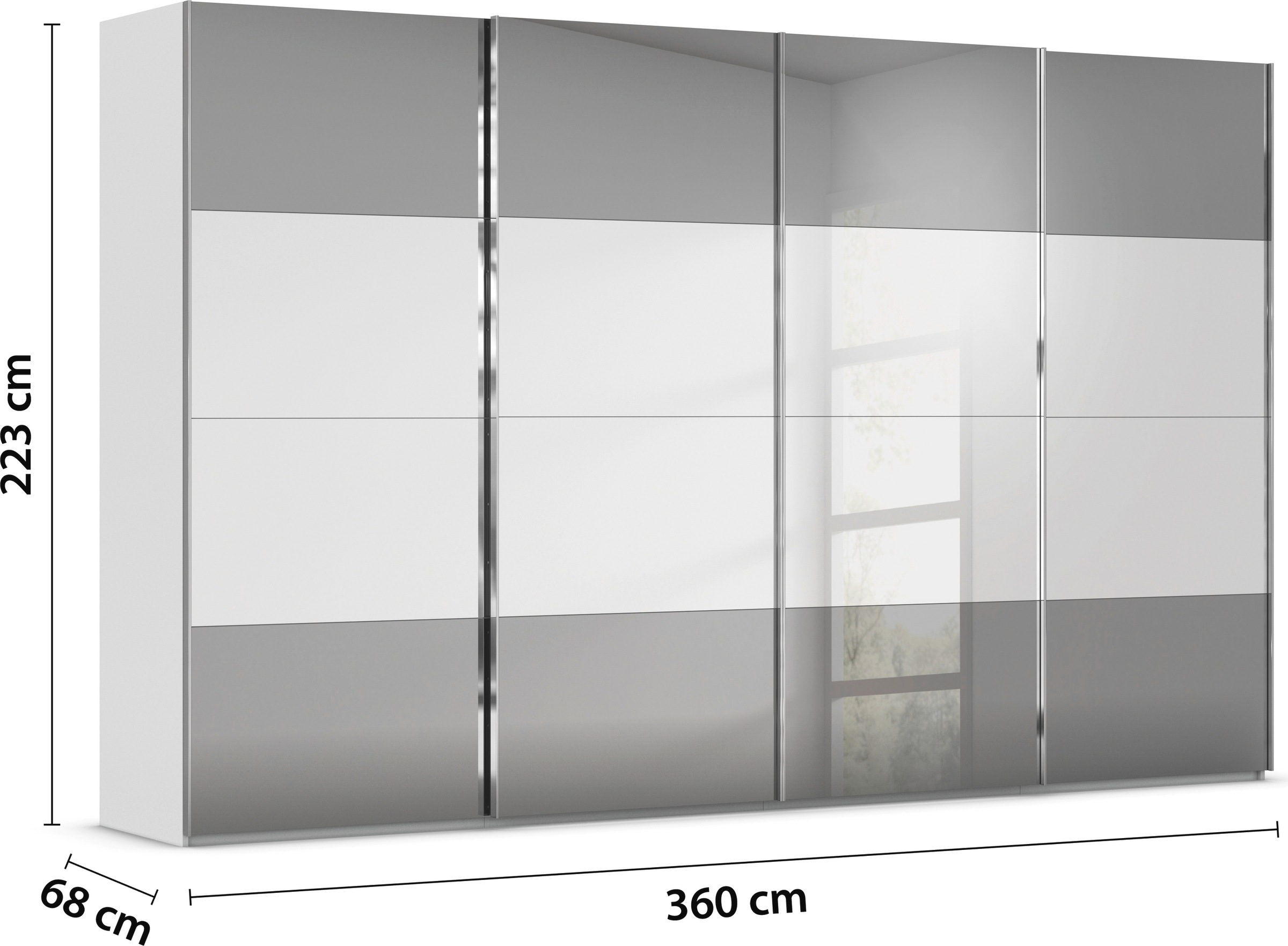 rauch Schwebetürenschrank »Kleiderschrank Schrank Garderobe Schlafzimmerschrank SCALE-FYRA«, edle Türen viergeteilt Front Spiegel-Mix viele Farben MADE IN GERMANY