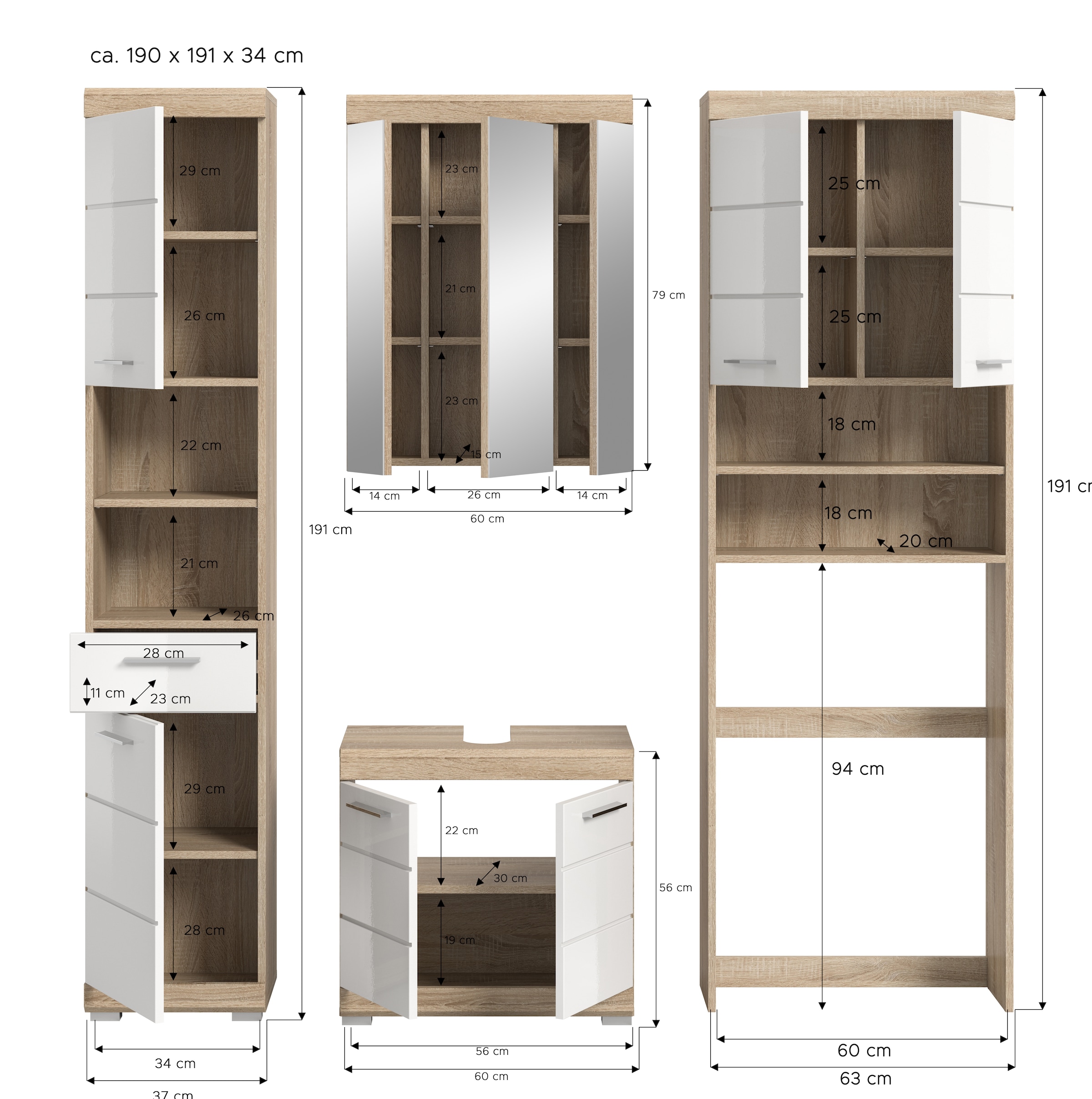 INOSIGN Badmöbel-Set »Siena, 4 teilig, bestehend aus:«, (Set), Hochschrank, WBU, Spiegelschrank, Waschmaschinenumbauschrank