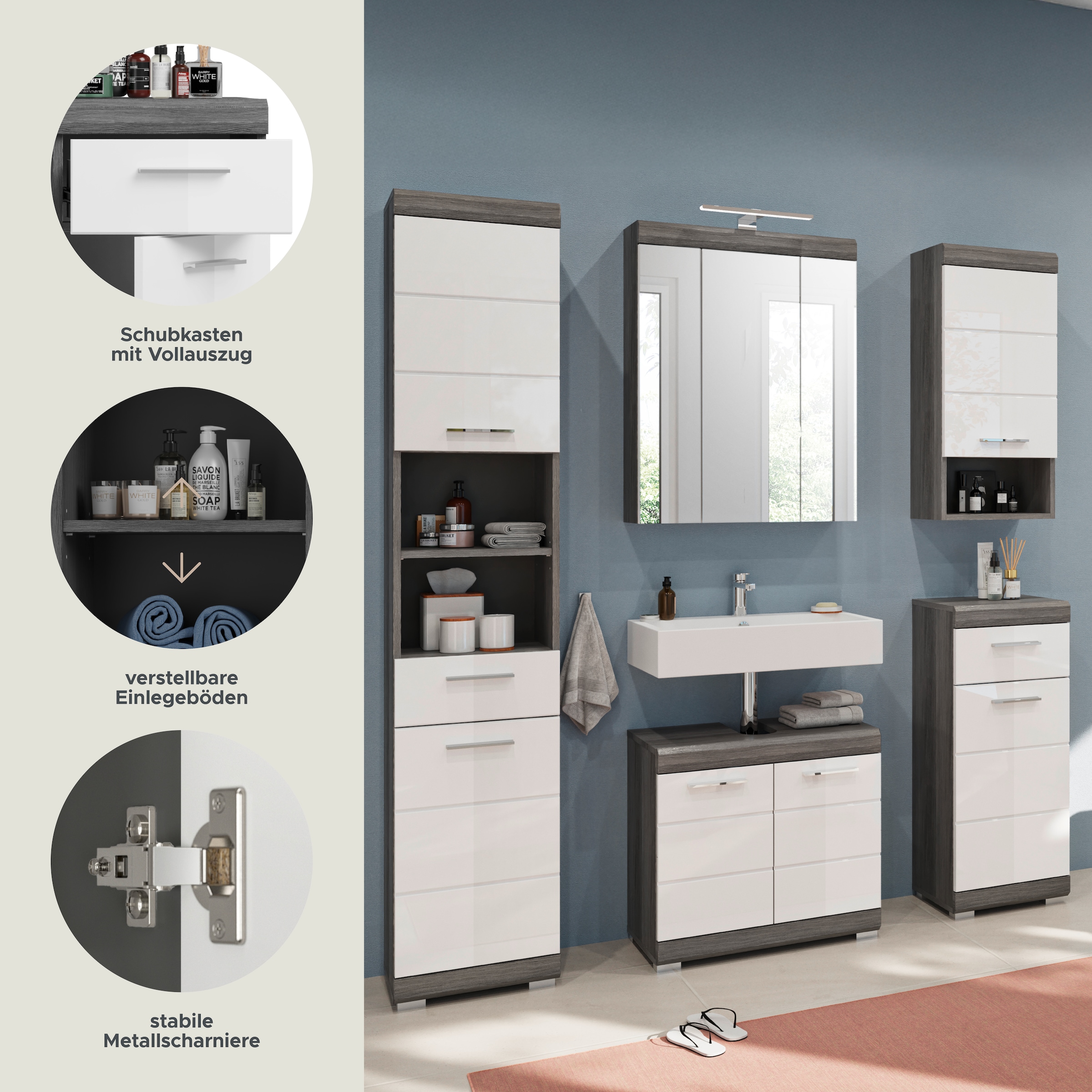 INOSIGN Badmöbel-Set »Siena, 5 teilig, inklusive LED Beleuchtung, bestehend aus:«, (Set, 5 St.), Hochschrank, WBU, Spiegelschrank, Unterschrank, Hängeschrank